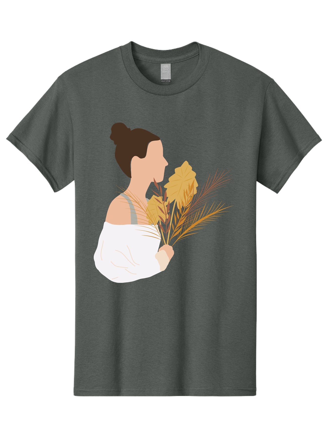Woman-With-Leaves-1 Men'S Graphic Tee, 100% Cotton, Comfortable Casual Summer Wear, Machine Washable, Woman With Brown Hair Bun, White Shirt, Holding Plants, Golden Leaves, Green Stems, Relaxed Atmosphere, Natural Beauty, Bohemian Style, Aae076 4