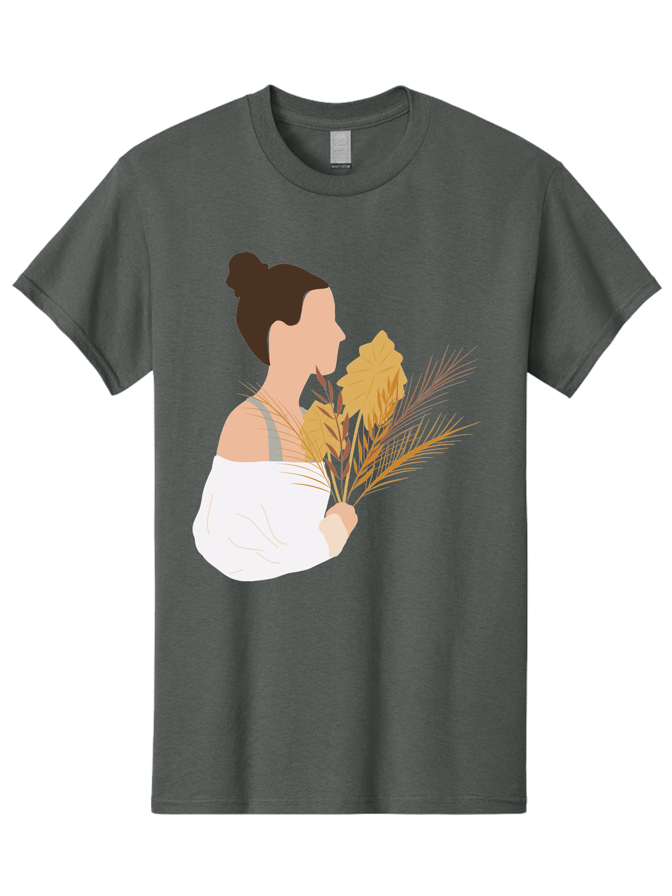 Woman-With-Leaves-1 Men'S Graphic Tee, 100% Cotton, Comfortable Casual Summer Wear, Machine Washable, Woman With Brown Hair Bun, White Shirt, Holding Plants, Golden Leaves, Green Stems, Relaxed Atmosphere, Natural Beauty, Bohemian Style, Aae076 23