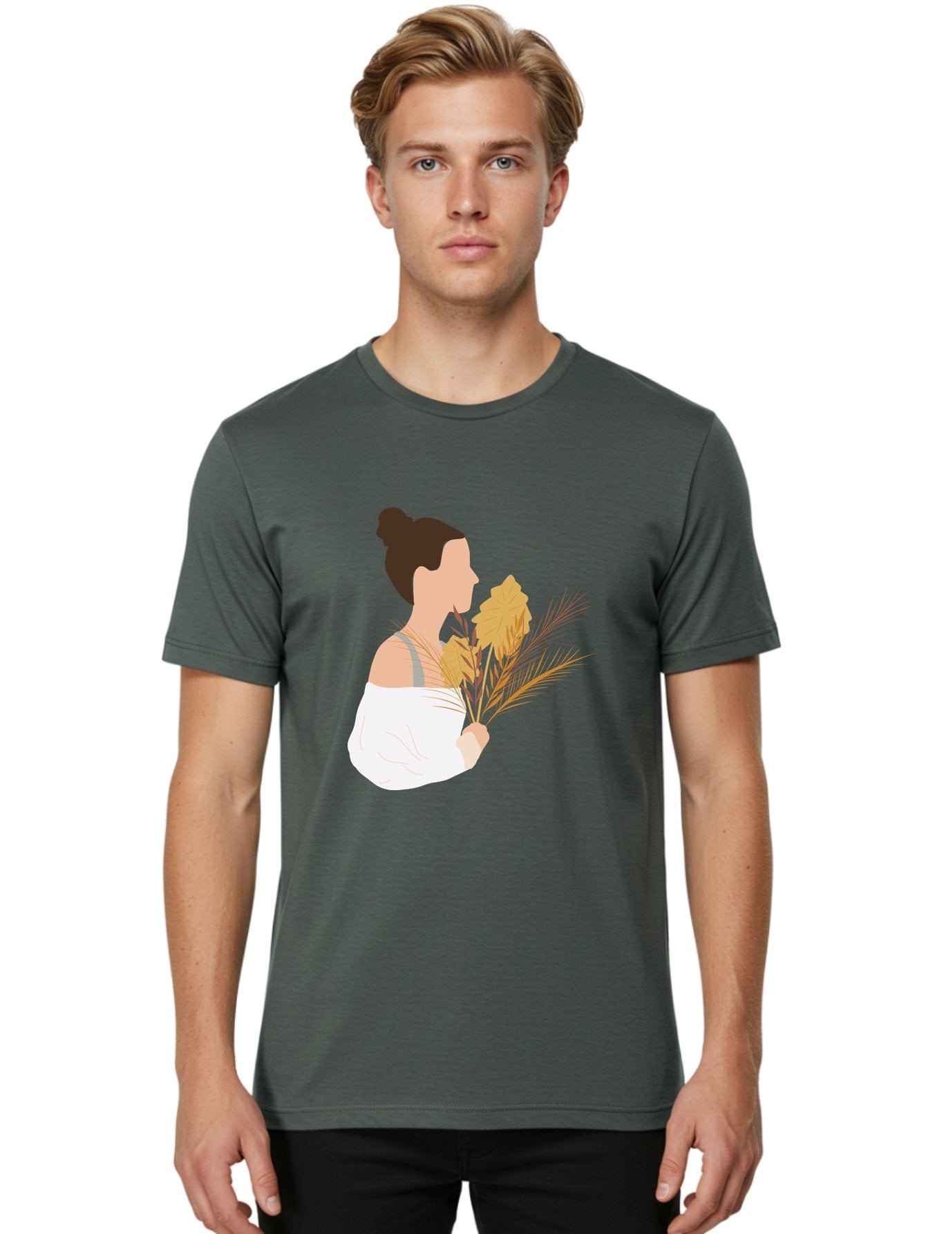 Woman-With-Leaves-1 Men'S Graphic Tee, 100% Cotton, Comfortable Casual Summer Wear, Machine Washable, Woman With Brown Hair Bun, White Shirt, Holding Plants, Golden Leaves, Green Stems, Relaxed Atmosphere, Natural Beauty, Bohemian Style, Aae076 18