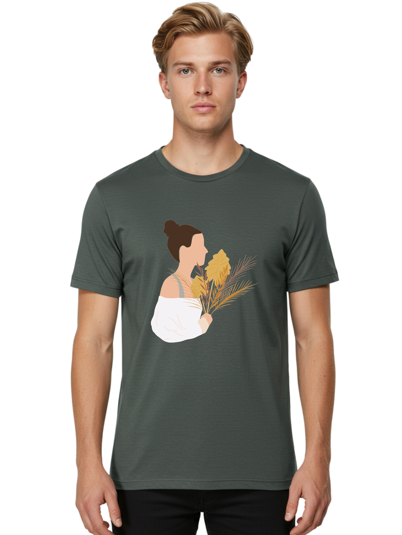 Woman-With-Leaves-1 Men'S Graphic Tee, 100% Cotton, Comfortable Casual Summer Wear, Machine Washable, Woman With Brown Hair Bun, White Shirt, Holding Plants, Golden Leaves, Green Stems, Relaxed Atmosphere, Natural Beauty, Bohemian Style, Aae076 24
