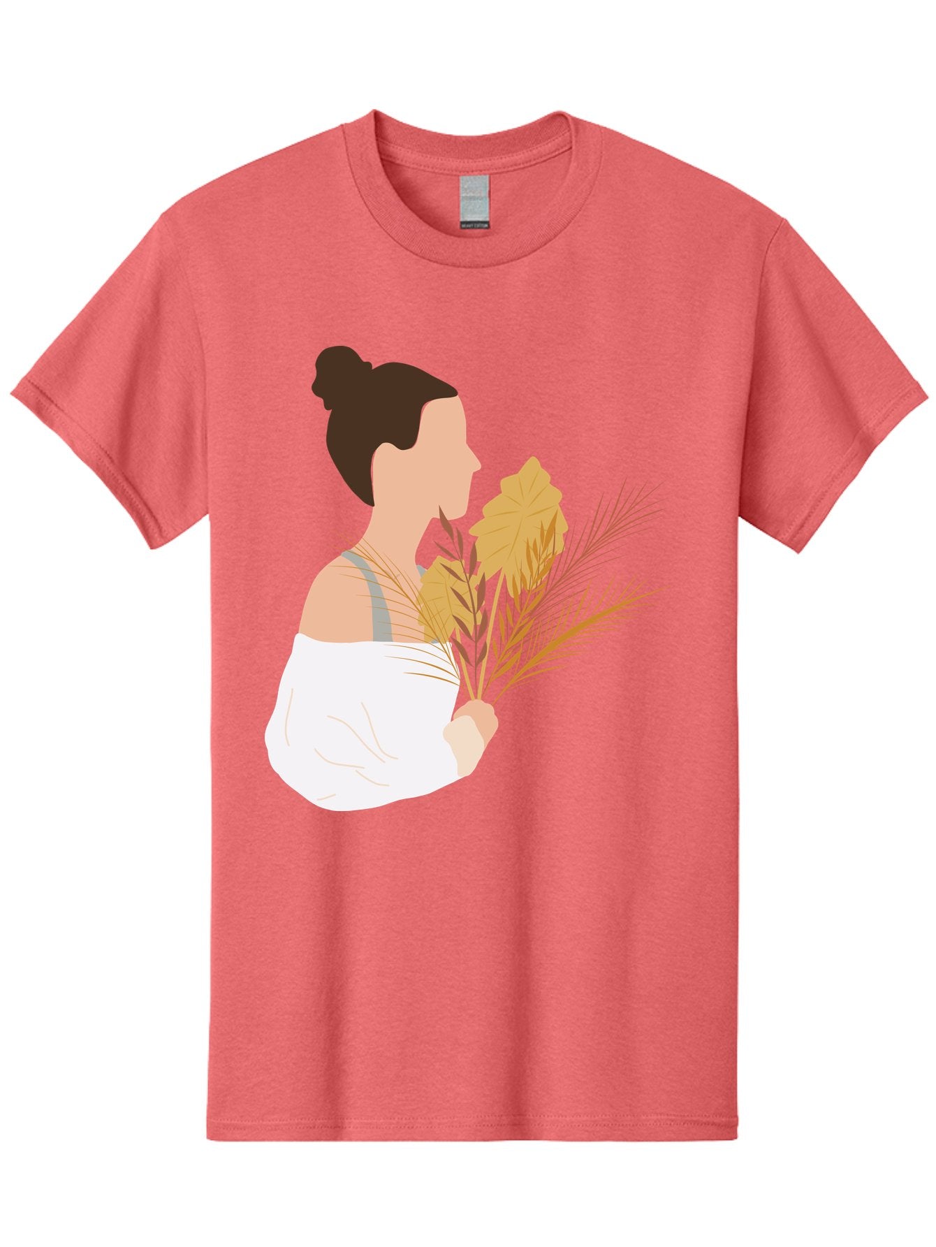 Woman-With-Leaves-1 Men'S Graphic Tee, 100% Cotton, Comfortable Casual Summer Wear, Machine Washable, Woman With Brown Hair Bun, White Shirt, Holding Plants, Golden Leaves, Green Stems, Relaxed Atmosphere, Natural Beauty, Bohemian Style, Aae076