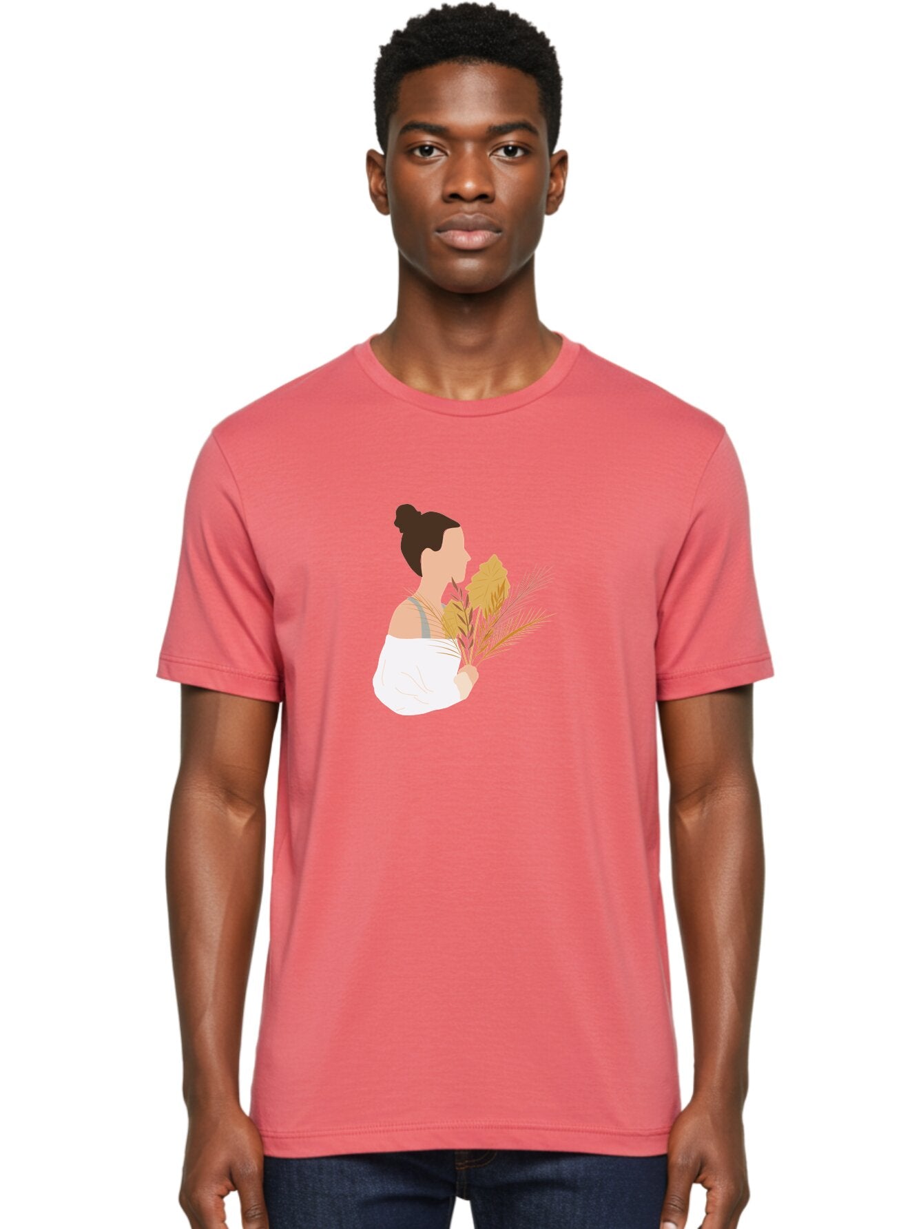 Woman-With-Leaves-1 Men'S Graphic Tee, 100% Cotton, Comfortable Casual Summer Wear, Machine Washable, Woman With Brown Hair Bun, White Shirt, Holding Plants, Golden Leaves, Green Stems, Relaxed Atmosphere, Natural Beauty, Bohemian Style, Aae076 21