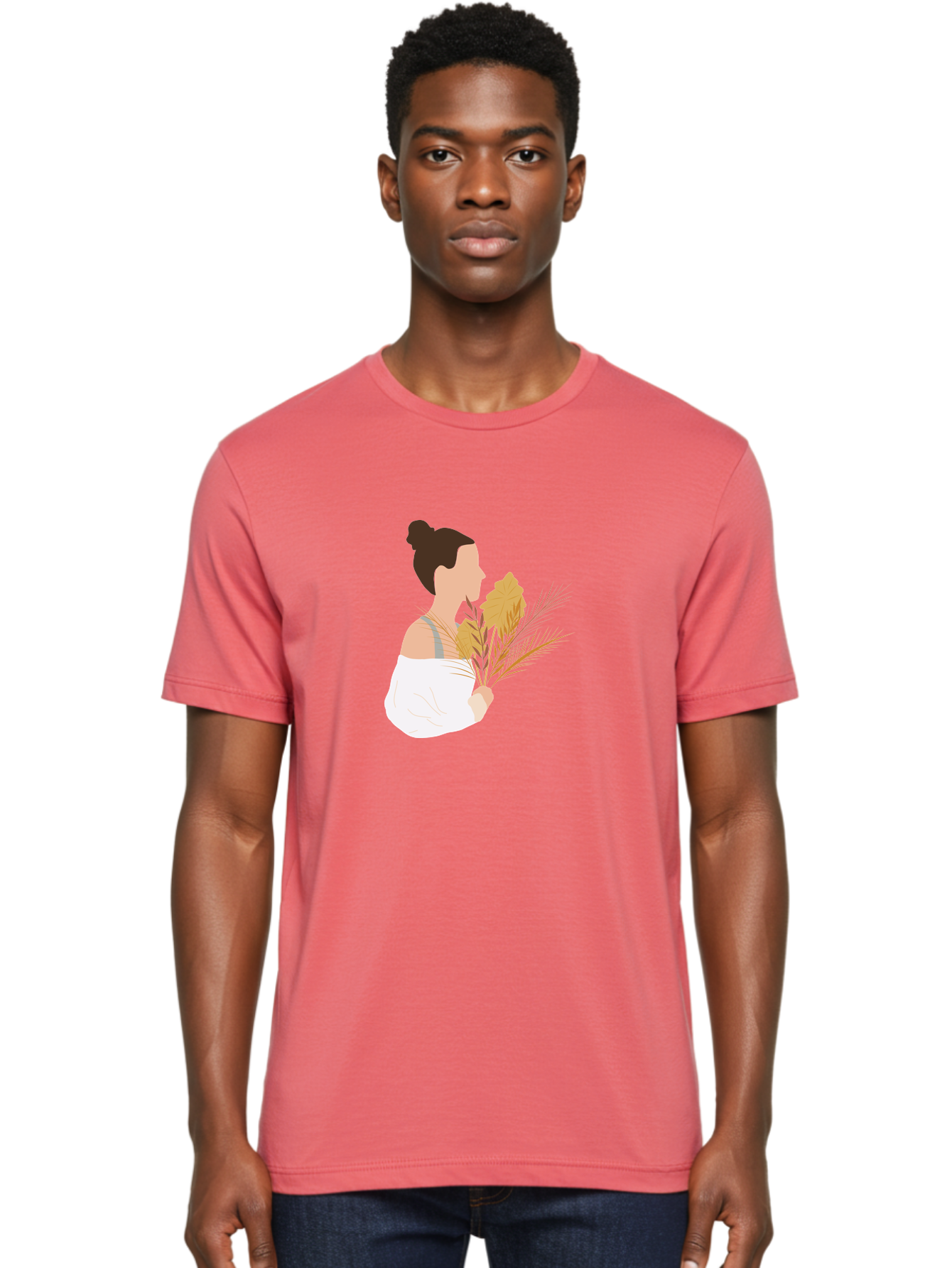 Woman-With-Leaves-1 Men'S Graphic Tee, 100% Cotton, Comfortable Casual Summer Wear, Machine Washable, Woman With Brown Hair Bun, White Shirt, Holding Plants, Golden Leaves, Green Stems, Relaxed Atmosphere, Natural Beauty, Bohemian Style, Aae076 20