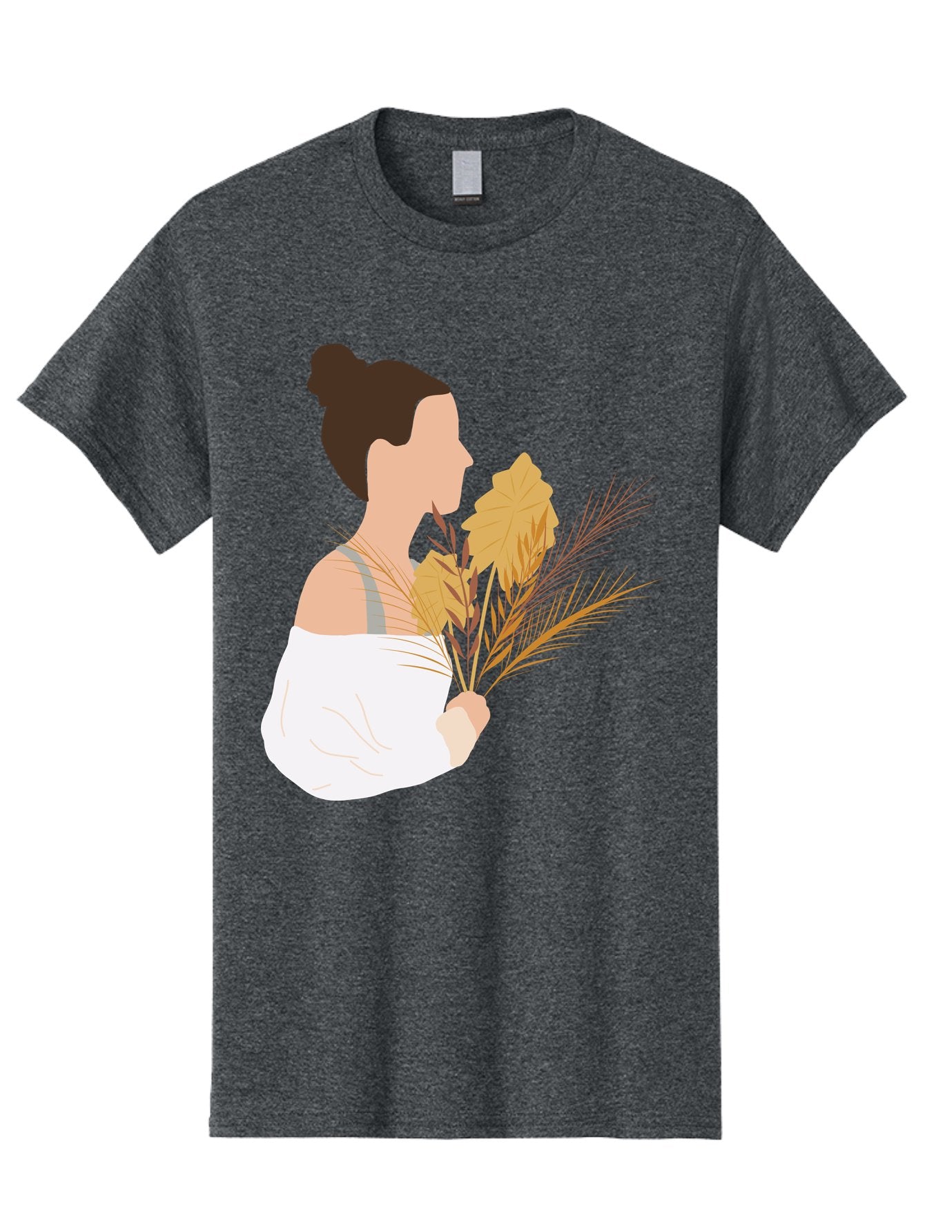 Woman-With-Leaves-1 Men'S Graphic Tee, 100% Cotton, Comfortable Casual Summer Wear, Machine Washable, Woman With Brown Hair Bun, White Shirt, Holding Plants, Golden Leaves, Green Stems, Relaxed Atmosphere, Natural Beauty, Bohemian Style, Aae076 8