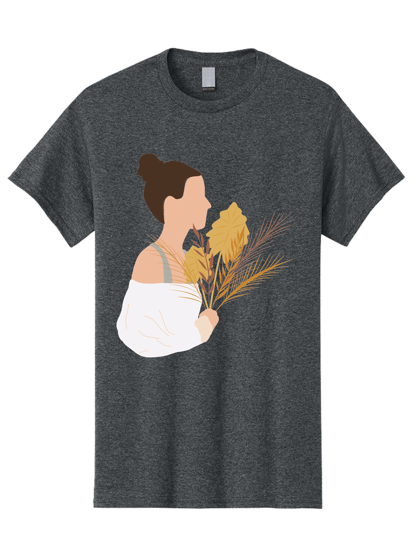 Woman-With-Leaves-1 Men'S Graphic Tee, 100% Cotton, Comfortable Casual Summer Wear, Machine Washable, Woman With Brown Hair Bun, White Shirt, Holding Plants, Golden Leaves, Green Stems, Relaxed Atmosphere, Natural Beauty, Bohemian Style, Aae076 11