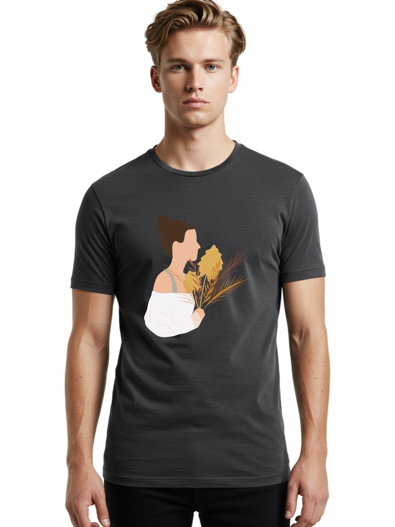 Woman-With-Leaves-1 Men'S Graphic Tee, 100% Cotton, Comfortable Casual Summer Wear, Machine Washable, Woman With Brown Hair Bun, White Shirt, Holding Plants, Golden Leaves, Green Stems, Relaxed Atmosphere, Natural Beauty, Bohemian Style, Aae076 25