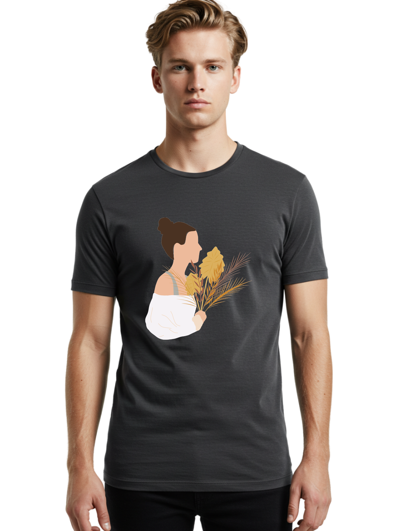 Woman-With-Leaves-1 Men'S Graphic Tee, 100% Cotton, Comfortable Casual Summer Wear, Machine Washable, Woman With Brown Hair Bun, White Shirt, Holding Plants, Golden Leaves, Green Stems, Relaxed Atmosphere, Natural Beauty, Bohemian Style, Aae076 12
