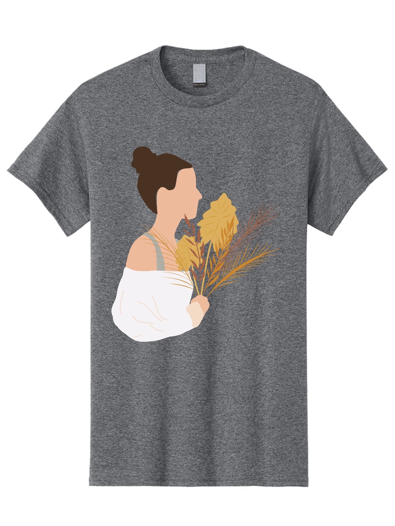 Woman-With-Leaves-1 Men'S Graphic Tee, 100% Cotton, Comfortable Casual Summer Wear, Machine Washable, Woman With Brown Hair Bun, White Shirt, Holding Plants, Golden Leaves, Green Stems, Relaxed Atmosphere, Natural Beauty, Bohemian Style, Aae076 7