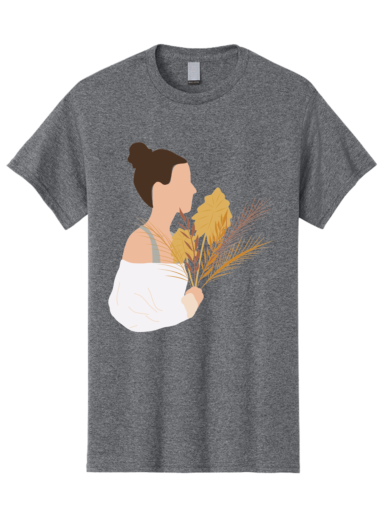 Woman-With-Leaves-1 Men'S Graphic Tee, 100% Cotton, Comfortable Casual Summer Wear, Machine Washable, Woman With Brown Hair Bun, White Shirt, Holding Plants, Golden Leaves, Green Stems, Relaxed Atmosphere, Natural Beauty, Bohemian Style, Aae076 25