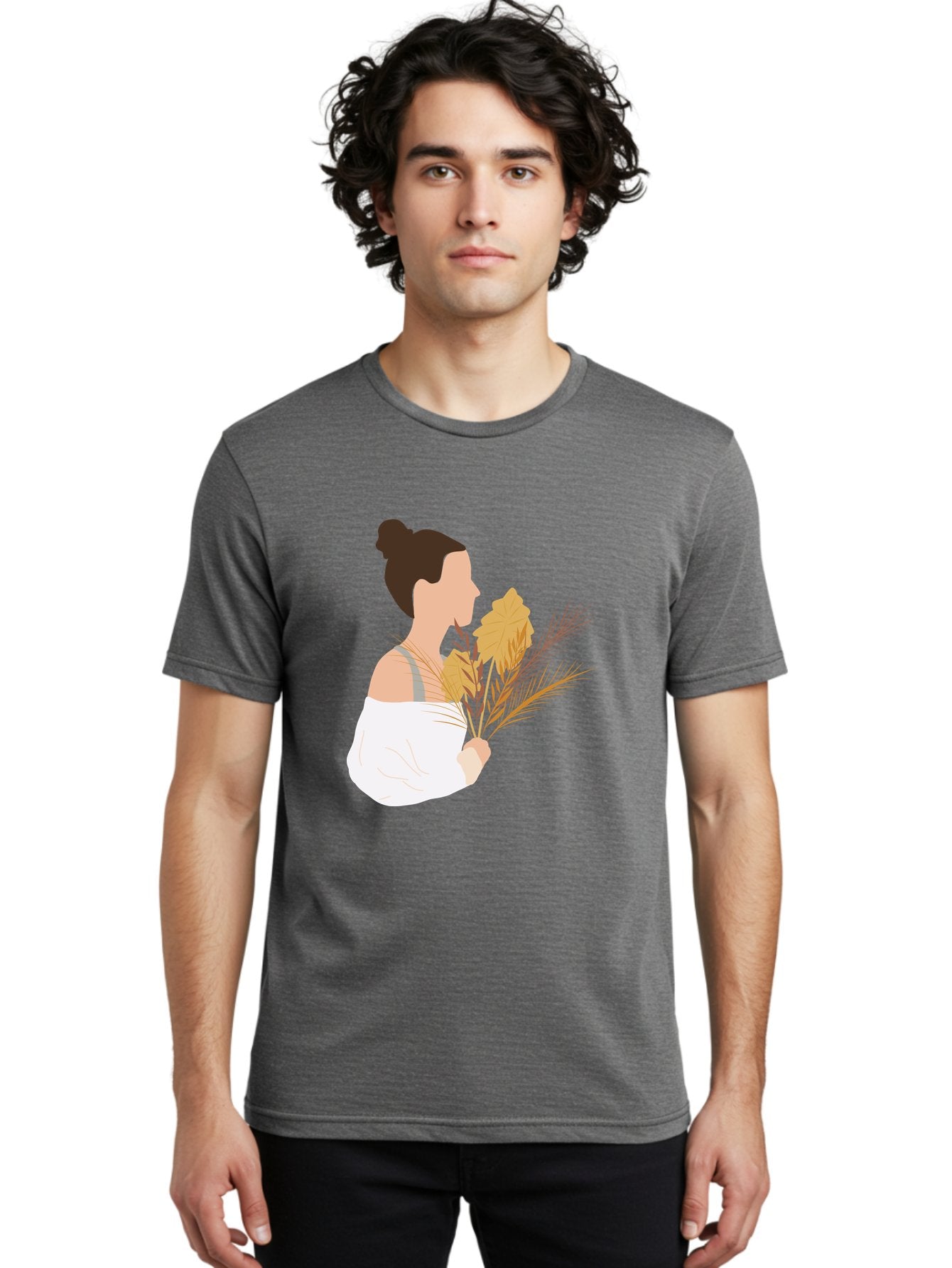 Woman-With-Leaves-1 Men'S Graphic Tee, 100% Cotton, Comfortable Casual Summer Wear, Machine Washable, Woman With Brown Hair Bun, White Shirt, Holding Plants, Golden Leaves, Green Stems, Relaxed Atmosphere, Natural Beauty, Bohemian Style, Aae076 16