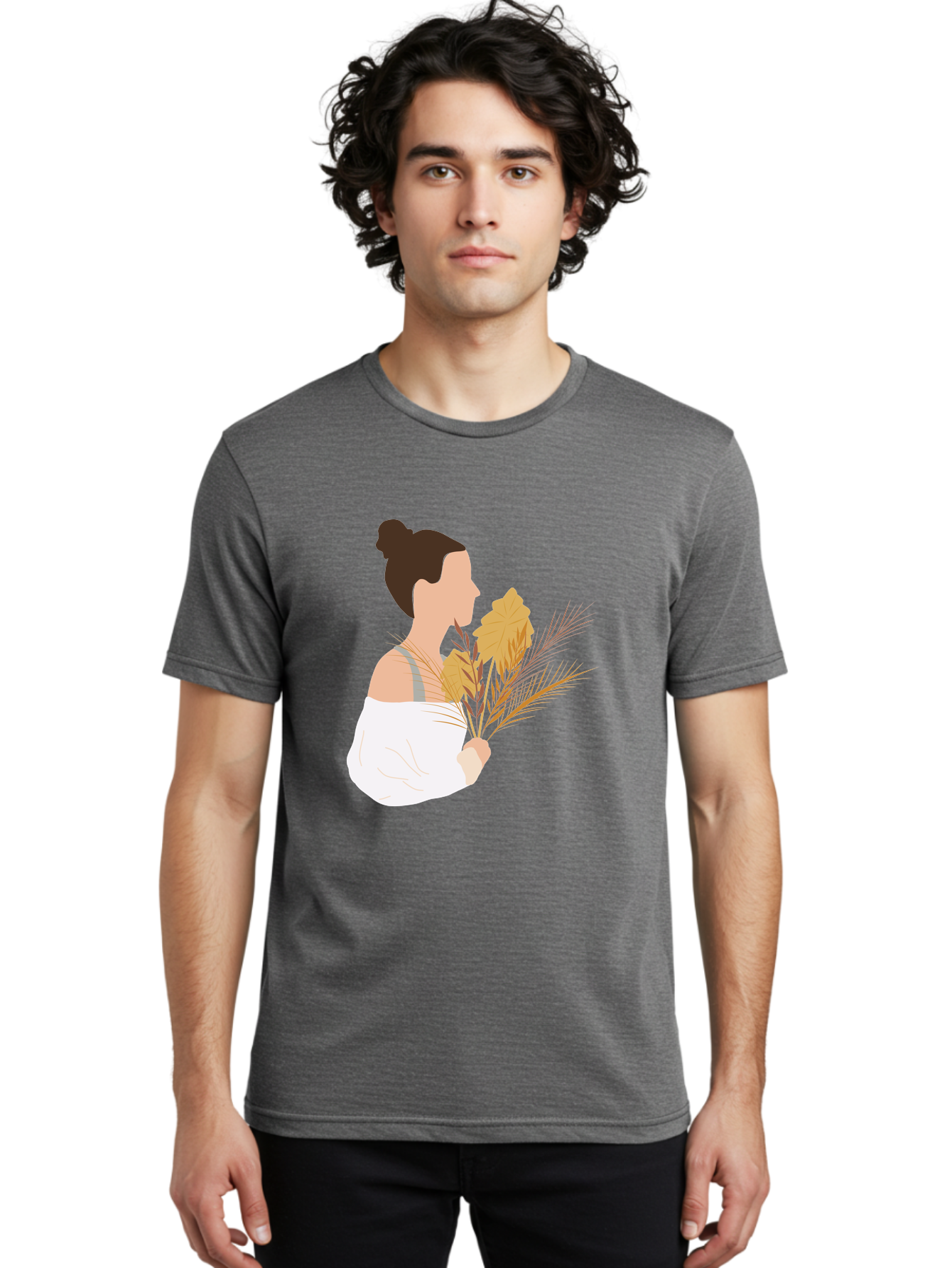 Woman-With-Leaves-1 Men'S Graphic Tee, 100% Cotton, Comfortable Casual Summer Wear, Machine Washable, Woman With Brown Hair Bun, White Shirt, Holding Plants, Golden Leaves, Green Stems, Relaxed Atmosphere, Natural Beauty, Bohemian Style, Aae076 26