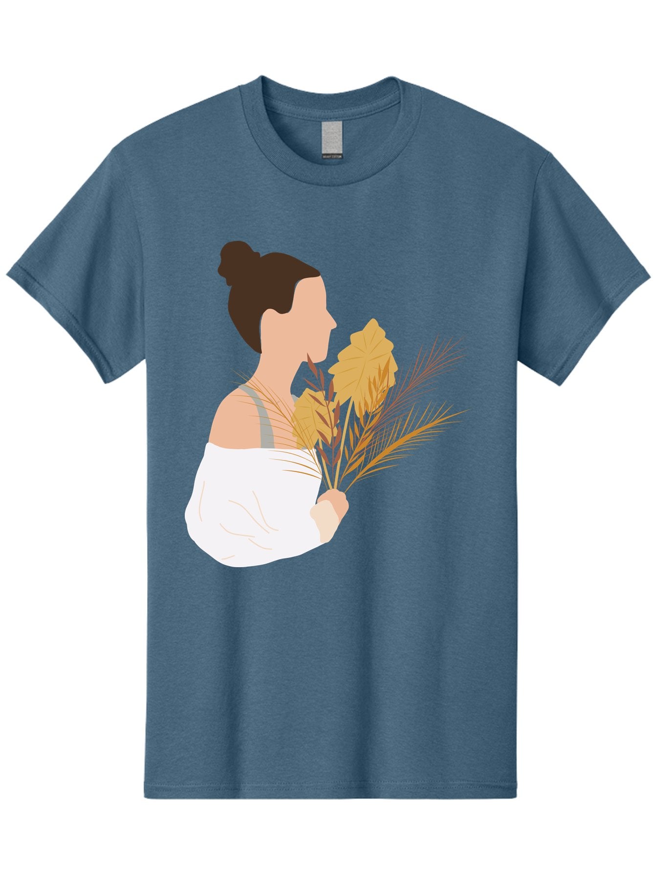 Woman-With-Leaves-1 Men'S Graphic Tee, 100% Cotton, Comfortable Casual Summer Wear, Machine Washable, Woman With Brown Hair Bun, White Shirt, Holding Plants, Golden Leaves, Green Stems, Relaxed Atmosphere, Natural Beauty, Bohemian Style, Aae076 15
