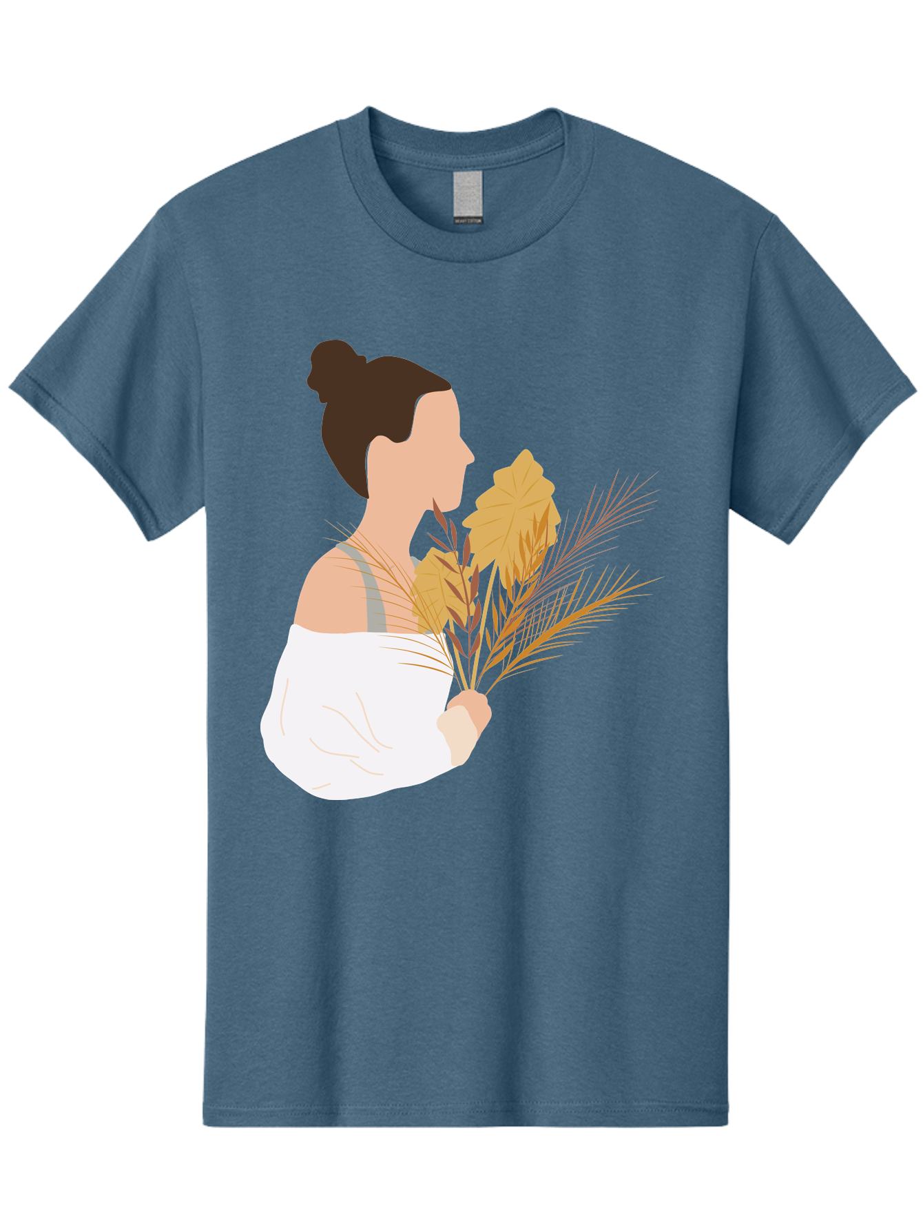 Woman-With-Leaves-1 Men'S Graphic Tee, 100% Cotton, Comfortable Casual Summer Wear, Machine Washable, Woman With Brown Hair Bun, White Shirt, Holding Plants, Golden Leaves, Green Stems, Relaxed Atmosphere, Natural Beauty, Bohemian Style, Aae076