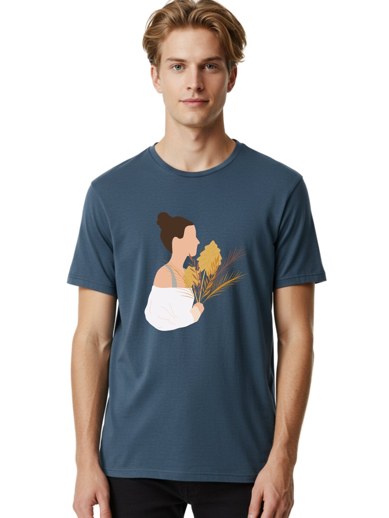 Woman-With-Leaves-1 Men'S Graphic Tee, 100% Cotton, Comfortable Casual Summer Wear, Machine Washable, Woman With Brown Hair Bun, White Shirt, Holding Plants, Golden Leaves, Green Stems, Relaxed Atmosphere, Natural Beauty, Bohemian Style, Aae076 30