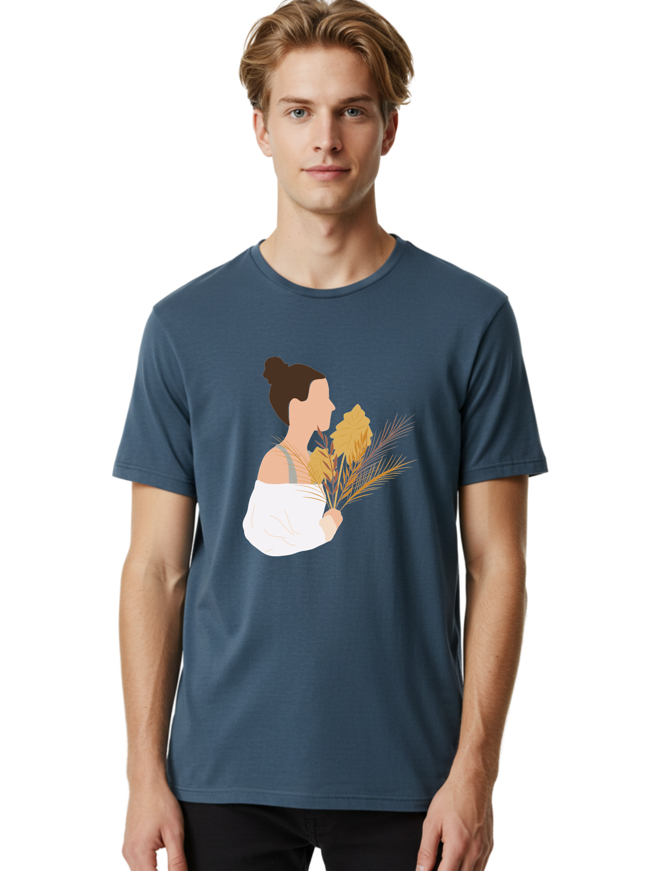 Woman-With-Leaves-1 Men'S Graphic Tee, 100% Cotton, Comfortable Casual Summer Wear, Machine Washable, Woman With Brown Hair Bun, White Shirt, Holding Plants, Golden Leaves, Green Stems, Relaxed Atmosphere, Natural Beauty, Bohemian Style, Aae076