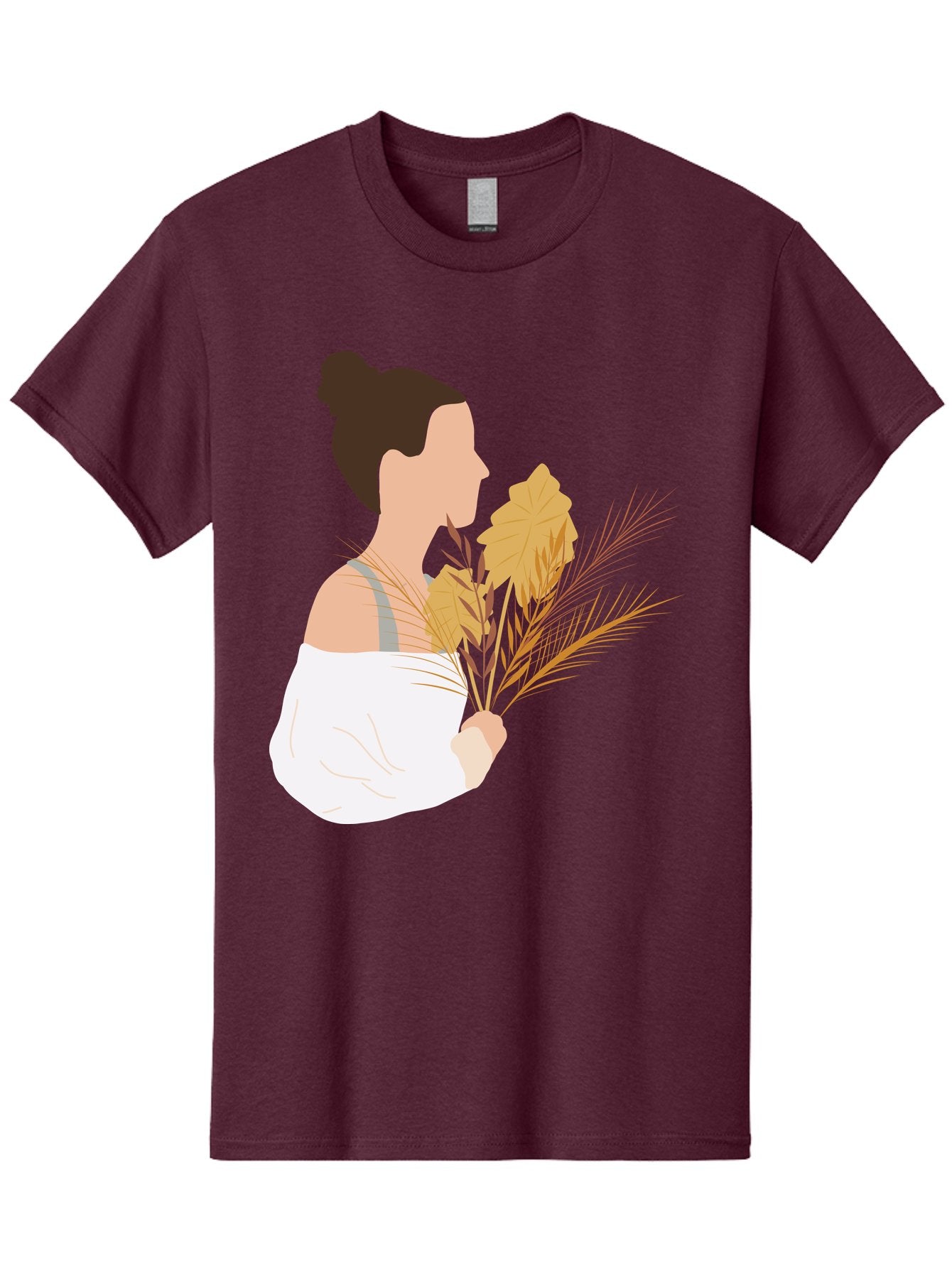 Woman-With-Leaves-1 Men'S Graphic Tee, 100% Cotton, Comfortable Casual Summer Wear, Machine Washable, Woman With Brown Hair Bun, White Shirt, Holding Plants, Golden Leaves, Green Stems, Relaxed Atmosphere, Natural Beauty, Bohemian Style, Aae076 12