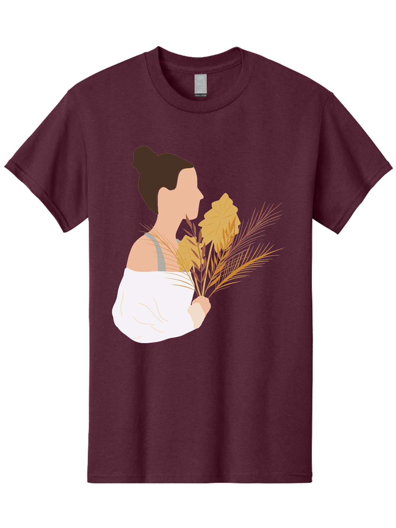 Woman-With-Leaves-1 Men'S Graphic Tee, 100% Cotton, Comfortable Casual Summer Wear, Machine Washable, Woman With Brown Hair Bun, White Shirt, Holding Plants, Golden Leaves, Green Stems, Relaxed Atmosphere, Natural Beauty, Bohemian Style, Aae076 5