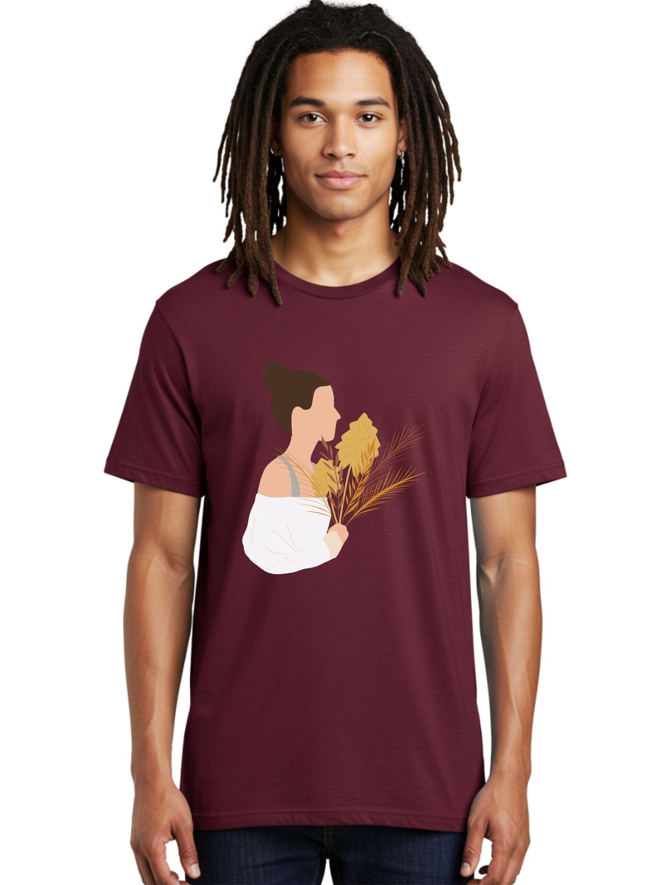 Woman-With-Leaves-1 Men'S Graphic Tee, 100% Cotton, Comfortable Casual Summer Wear, Machine Washable, Woman With Brown Hair Bun, White Shirt, Holding Plants, Golden Leaves, Green Stems, Relaxed Atmosphere, Natural Beauty, Bohemian Style, Aae076 28