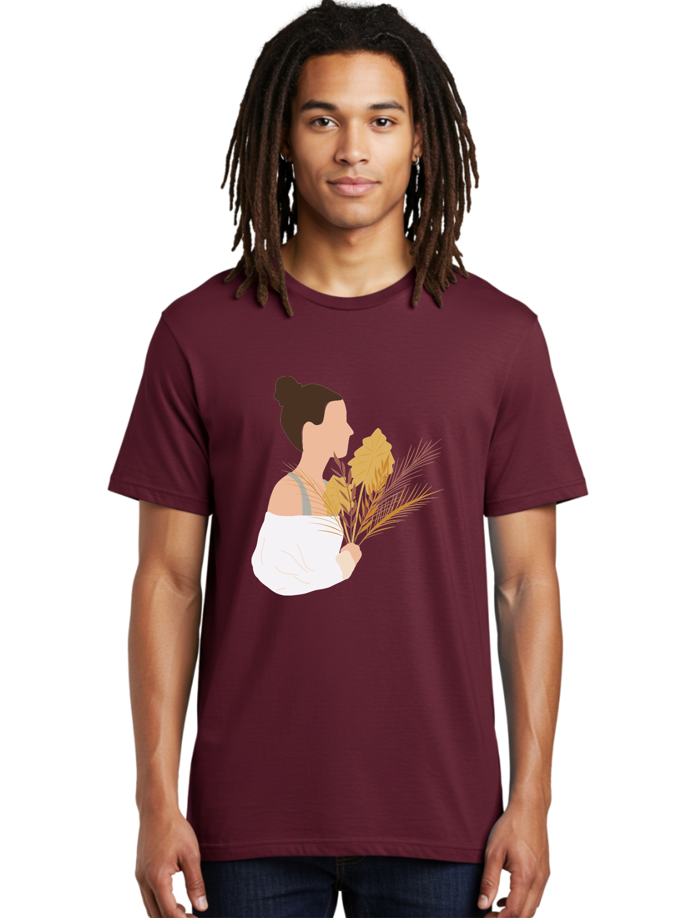 Woman-With-Leaves-1 Men'S Graphic Tee, 100% Cotton, Comfortable Casual Summer Wear, Machine Washable, Woman With Brown Hair Bun, White Shirt, Holding Plants, Golden Leaves, Green Stems, Relaxed Atmosphere, Natural Beauty, Bohemian Style, Aae076 6