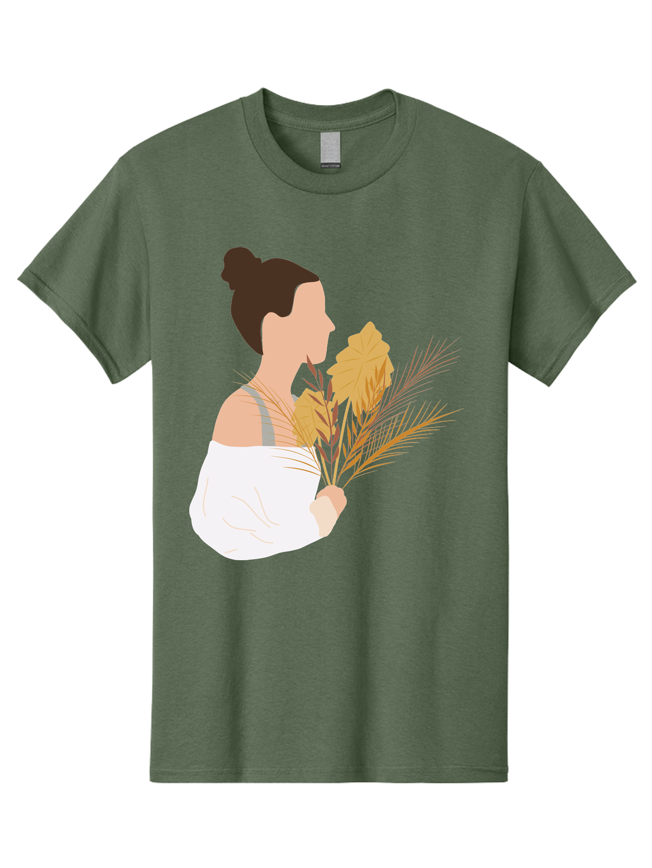 Woman-With-Leaves-1 Men'S Graphic Tee, 100% Cotton, Comfortable Casual Summer Wear, Machine Washable, Woman With Brown Hair Bun, White Shirt, Holding Plants, Golden Leaves, Green Stems, Relaxed Atmosphere, Natural Beauty, Bohemian Style, Aae076 13
