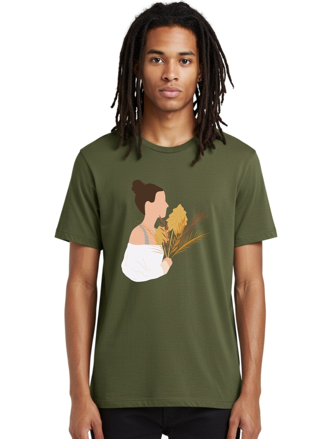 Woman-With-Leaves-1 Men'S Graphic Tee, 100% Cotton, Comfortable Casual Summer Wear, Machine Washable, Woman With Brown Hair Bun, White Shirt, Holding Plants, Golden Leaves, Green Stems, Relaxed Atmosphere, Natural Beauty, Bohemian Style, Aae076 24