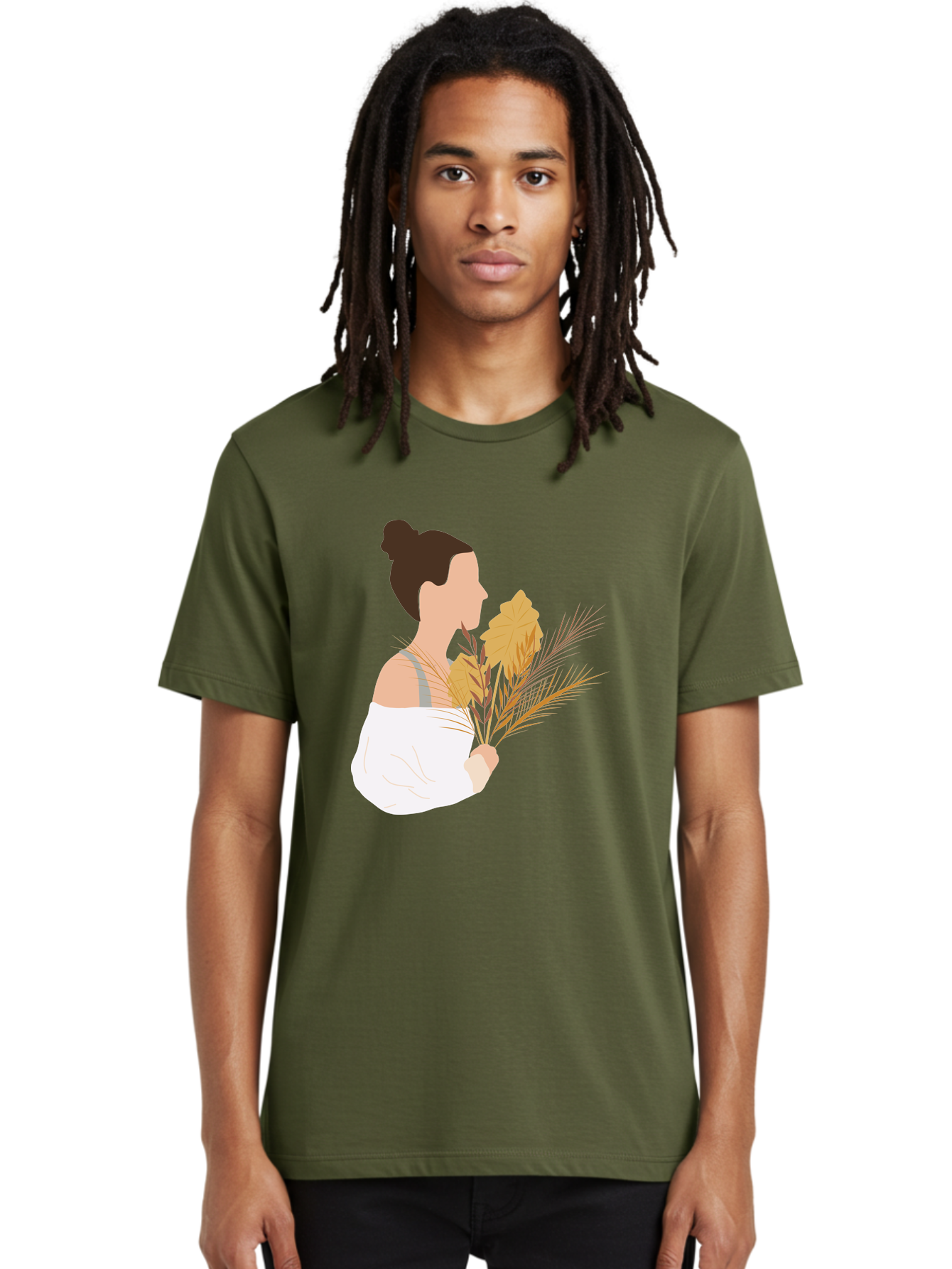Woman-With-Leaves-1 Men'S Graphic Tee, 100% Cotton, Comfortable Casual Summer Wear, Machine Washable, Woman With Brown Hair Bun, White Shirt, Holding Plants, Golden Leaves, Green Stems, Relaxed Atmosphere, Natural Beauty, Bohemian Style, Aae076 14