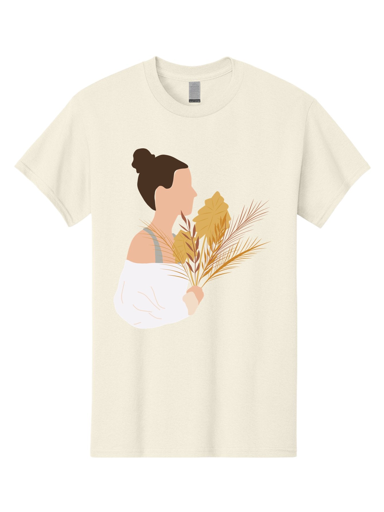 Woman-With-Leaves-1 Men'S Graphic Tee, 100% Cotton, Comfortable Casual Summer Wear, Machine Washable, Woman With Brown Hair Bun, White Shirt, Holding Plants, Golden Leaves, Green Stems, Relaxed Atmosphere, Natural Beauty, Bohemian Style, Aae076 3