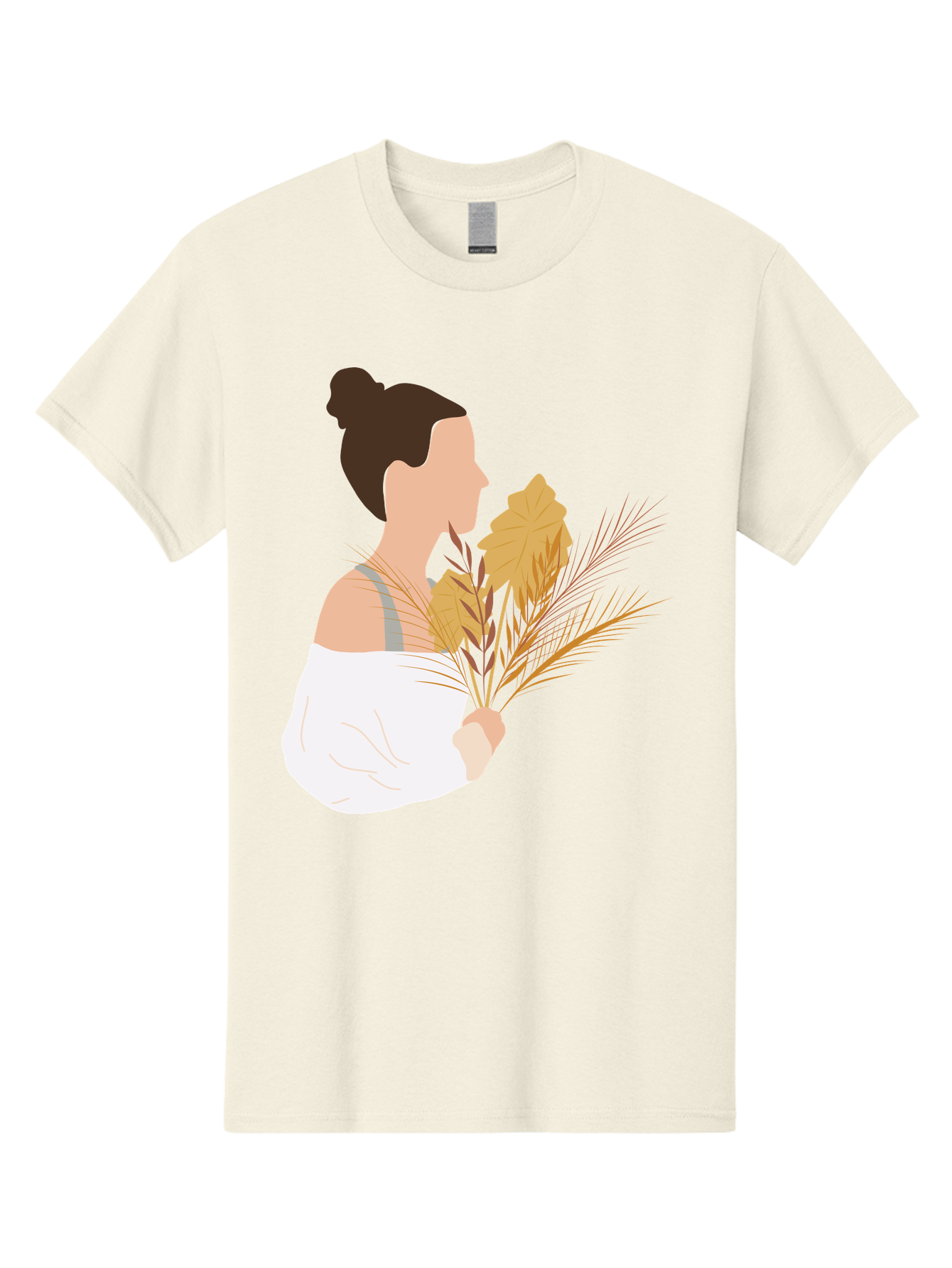 Woman-With-Leaves-1 Men'S Graphic Tee, 100% Cotton, Comfortable Casual Summer Wear, Machine Washable, Woman With Brown Hair Bun, White Shirt, Holding Plants, Golden Leaves, Green Stems, Relaxed Atmosphere, Natural Beauty, Bohemian Style, Aae076 17