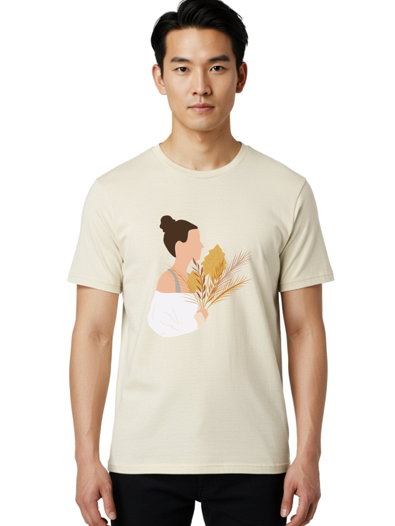 Woman-With-Leaves-1 Men'S Graphic Tee, 100% Cotton, Comfortable Casual Summer Wear, Machine Washable, Woman With Brown Hair Bun, White Shirt, Holding Plants, Golden Leaves, Green Stems, Relaxed Atmosphere, Natural Beauty, Bohemian Style, Aae076 22