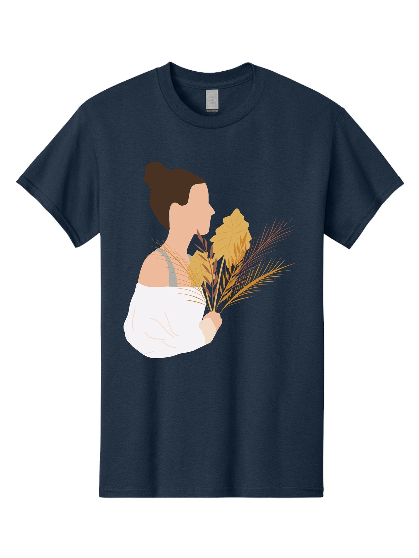 Woman-With-Leaves-1 Men'S Graphic Tee, 100% Cotton, Comfortable Casual Summer Wear, Machine Washable, Woman With Brown Hair Bun, White Shirt, Holding Plants, Golden Leaves, Green Stems, Relaxed Atmosphere, Natural Beauty, Bohemian Style, Aae076 9
