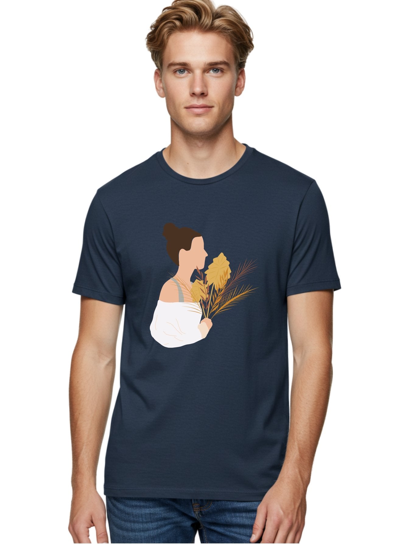 Woman-With-Leaves-1 Men'S Graphic Tee, 100% Cotton, Comfortable Casual Summer Wear, Machine Washable, Woman With Brown Hair Bun, White Shirt, Holding Plants, Golden Leaves, Green Stems, Relaxed Atmosphere, Natural Beauty, Bohemian Style, Aae076 26