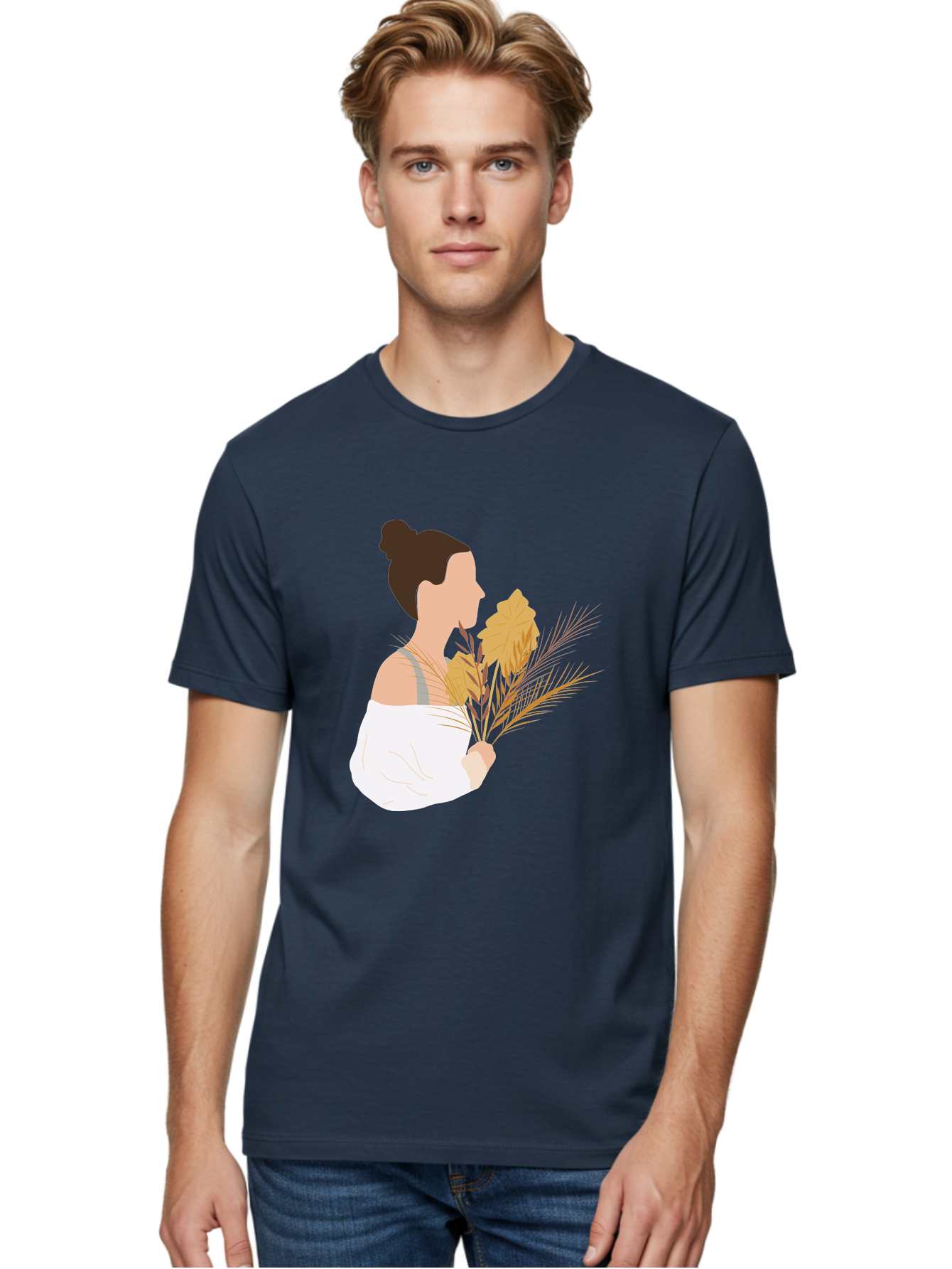 Woman-With-Leaves-1 Men'S Graphic Tee, 100% Cotton, Comfortable Casual Summer Wear, Machine Washable, Woman With Brown Hair Bun, White Shirt, Holding Plants, Golden Leaves, Green Stems, Relaxed Atmosphere, Natural Beauty, Bohemian Style, Aae076 10