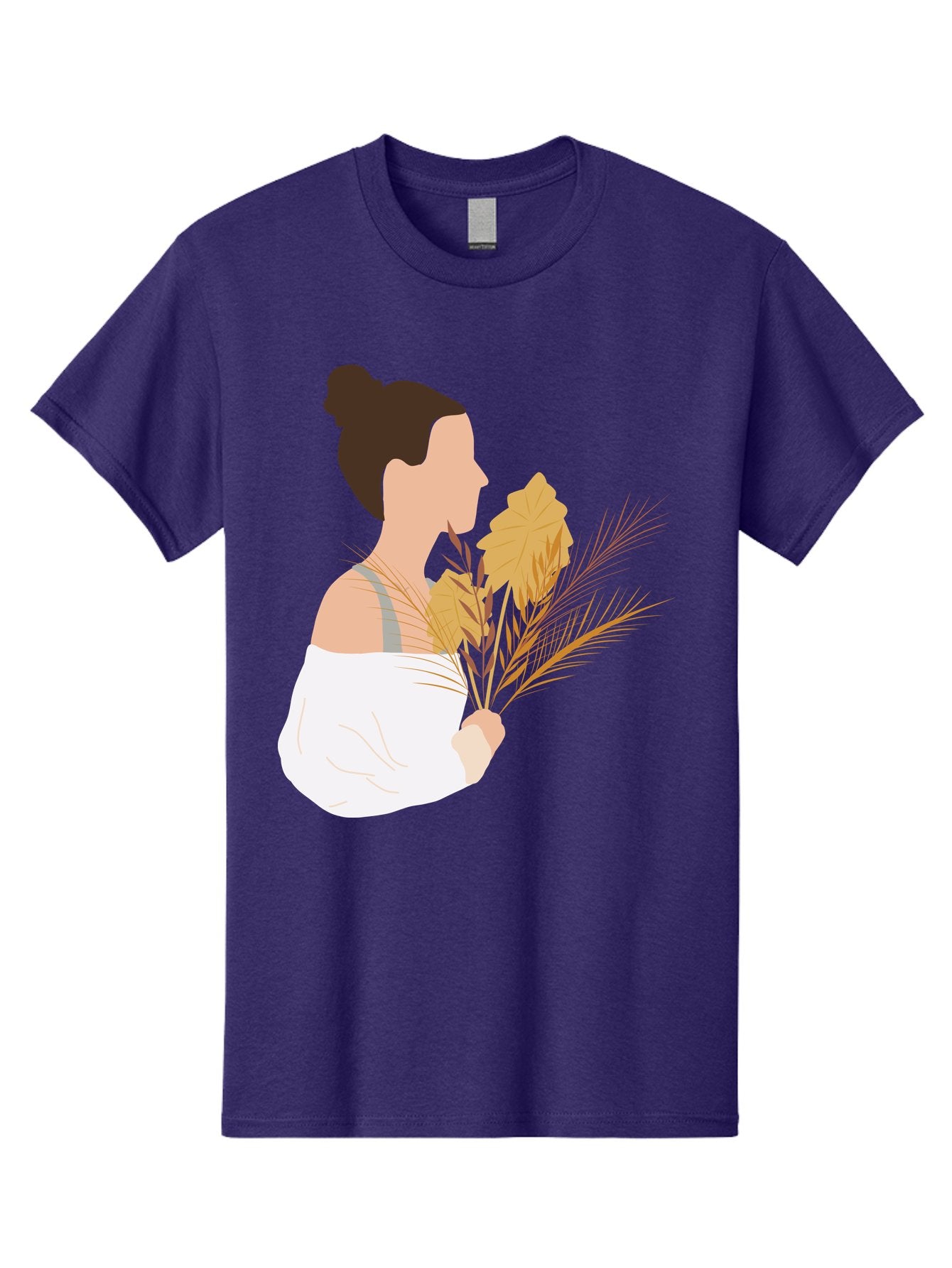 Woman-With-Leaves-1 Men'S Graphic Tee, 100% Cotton, Comfortable Casual Summer Wear, Machine Washable, Woman With Brown Hair Bun, White Shirt, Holding Plants, Golden Leaves, Green Stems, Relaxed Atmosphere, Natural Beauty, Bohemian Style, Aae076 10