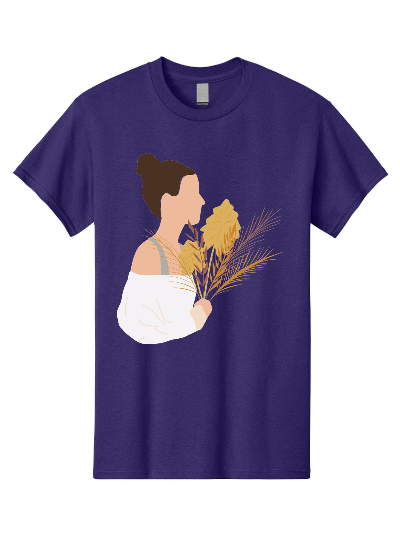 Woman-With-Leaves-1 Men'S Graphic Tee, 100% Cotton, Comfortable Casual Summer Wear, Machine Washable, Woman With Brown Hair Bun, White Shirt, Holding Plants, Golden Leaves, Green Stems, Relaxed Atmosphere, Natural Beauty, Bohemian Style, Aae076 27