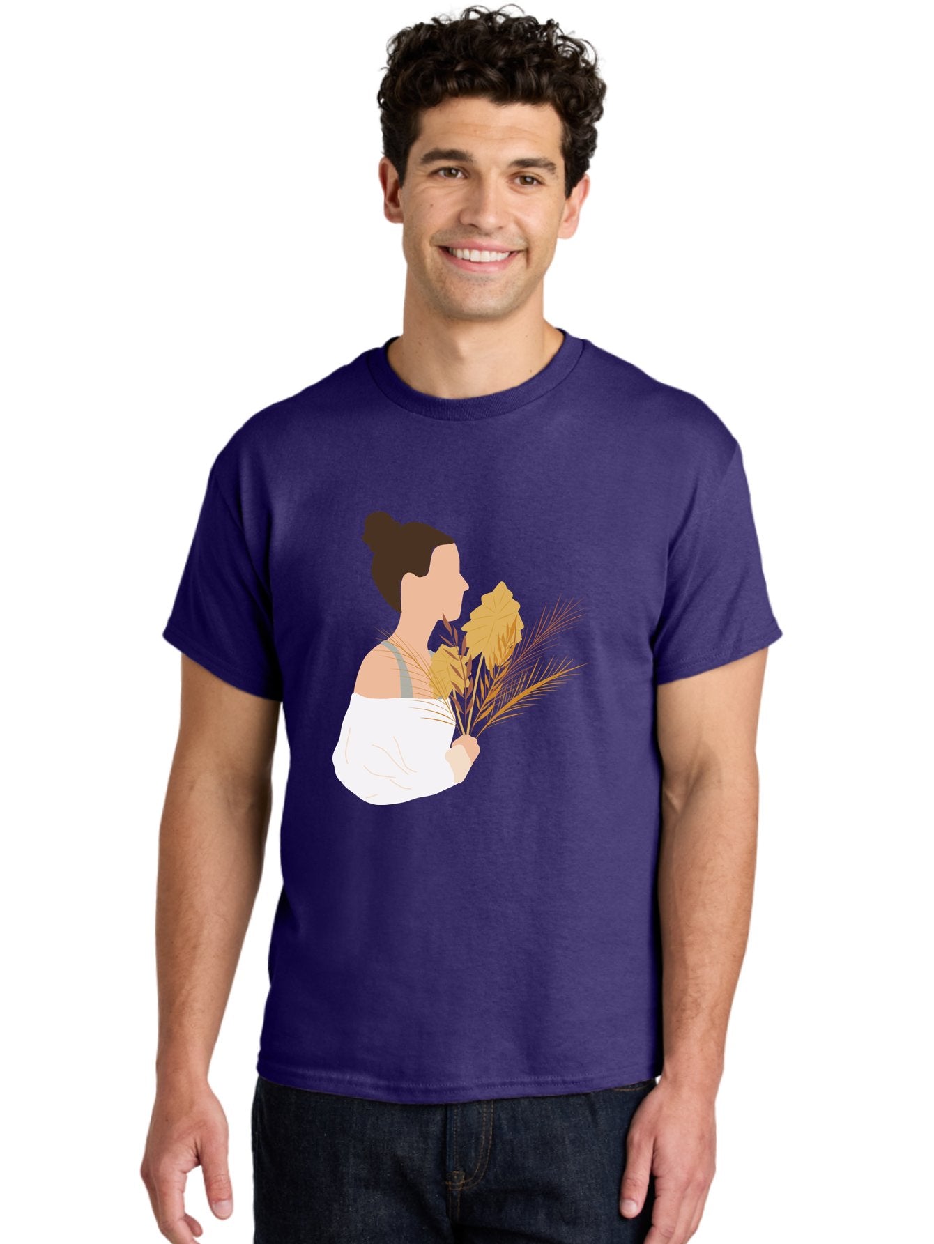 Woman-With-Leaves-1 Men'S Graphic Tee, 100% Cotton, Comfortable Casual Summer Wear, Machine Washable, Woman With Brown Hair Bun, White Shirt, Holding Plants, Golden Leaves, Green Stems, Relaxed Atmosphere, Natural Beauty, Bohemian Style, Aae076 17