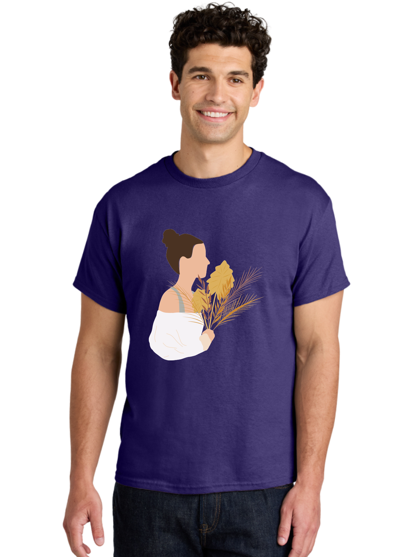 Woman-With-Leaves-1 Men'S Graphic Tee, 100% Cotton, Comfortable Casual Summer Wear, Machine Washable, Woman With Brown Hair Bun, White Shirt, Holding Plants, Golden Leaves, Green Stems, Relaxed Atmosphere, Natural Beauty, Bohemian Style, Aae076 28