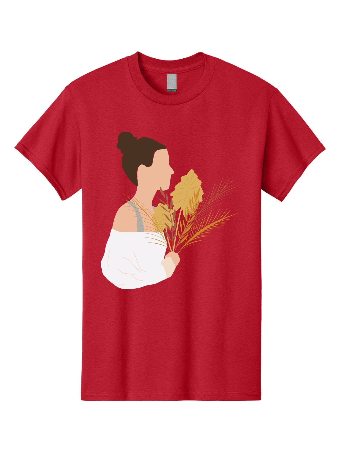 Woman-With-Leaves-1 Men'S Graphic Tee, 100% Cotton, Comfortable Casual Summer Wear, Machine Washable, Woman With Brown Hair Bun, White Shirt, Holding Plants, Golden Leaves, Green Stems, Relaxed Atmosphere, Natural Beauty, Bohemian Style, Aae076 13