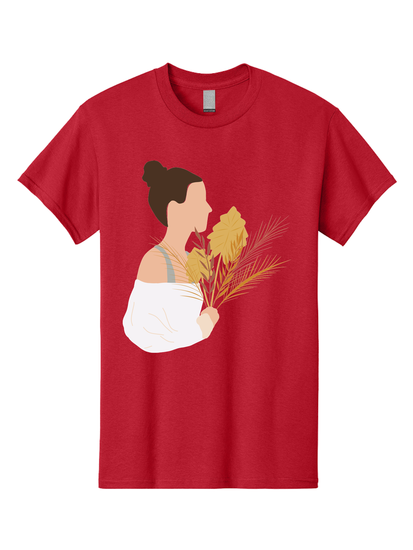 Woman-With-Leaves-1 Men'S Graphic Tee, 100% Cotton, Comfortable Casual Summer Wear, Machine Washable, Woman With Brown Hair Bun, White Shirt, Holding Plants, Golden Leaves, Green Stems, Relaxed Atmosphere, Natural Beauty, Bohemian Style, Aae076 29