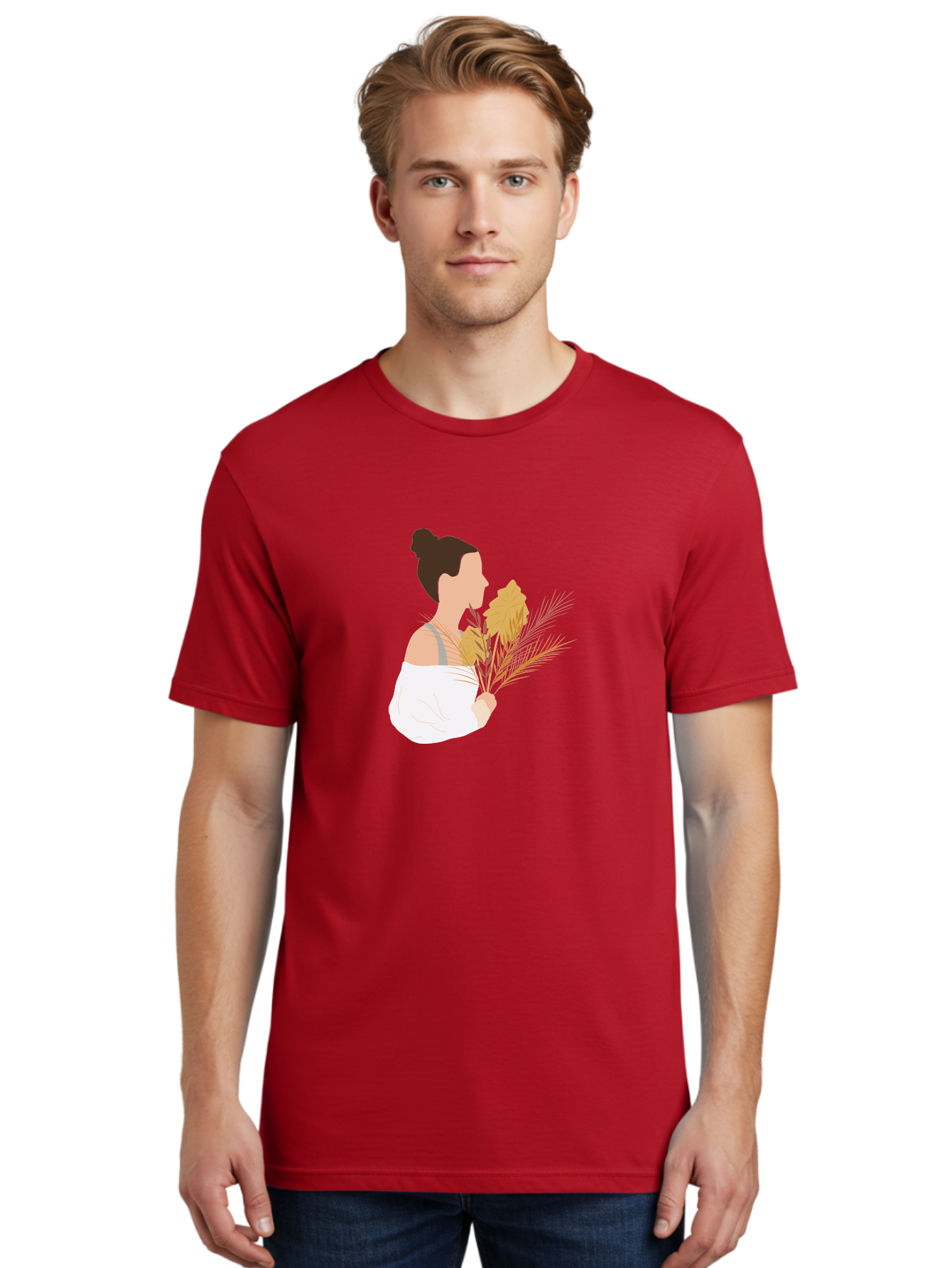 Woman-With-Leaves-1 Men'S Graphic Tee, 100% Cotton, Comfortable Casual Summer Wear, Machine Washable, Woman With Brown Hair Bun, White Shirt, Holding Plants, Golden Leaves, Green Stems, Relaxed Atmosphere, Natural Beauty, Bohemian Style, Aae076 30