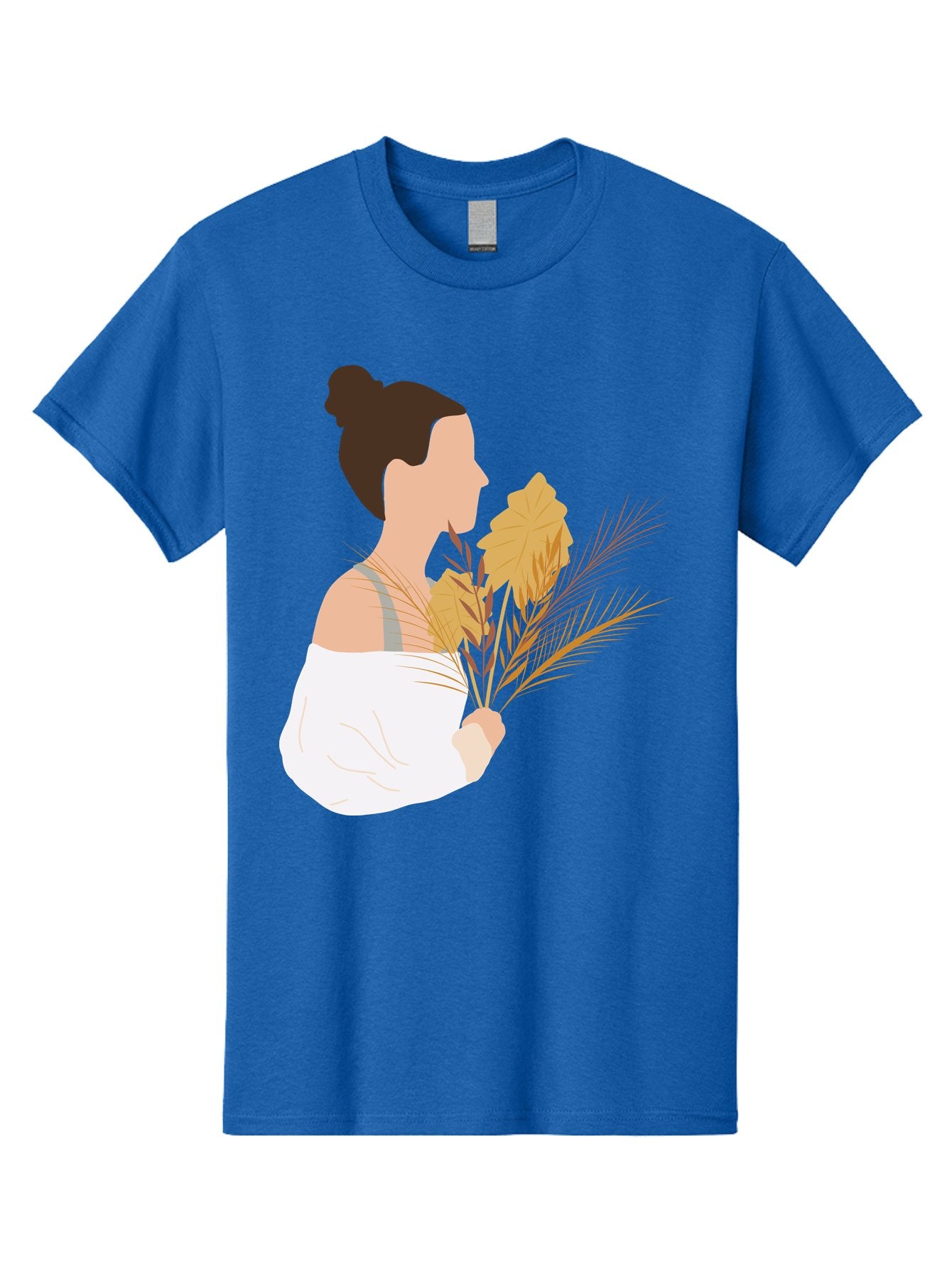 Woman-With-Leaves-1 Men'S Graphic Tee, 100% Cotton, Comfortable Casual Summer Wear, Machine Washable, Woman With Brown Hair Bun, White Shirt, Holding Plants, Golden Leaves, Green Stems, Relaxed Atmosphere, Natural Beauty, Bohemian Style, Aae076 11