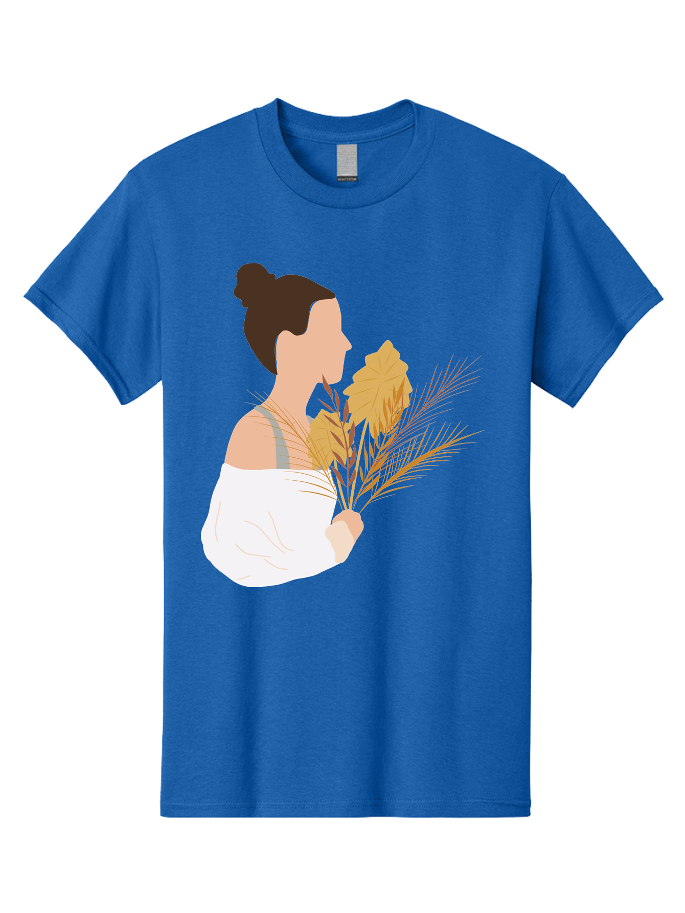Woman-With-Leaves-1 Men'S Graphic Tee, 100% Cotton, Comfortable Casual Summer Wear, Machine Washable, Woman With Brown Hair Bun, White Shirt, Holding Plants, Golden Leaves, Green Stems, Relaxed Atmosphere, Natural Beauty, Bohemian Style, Aae076 7