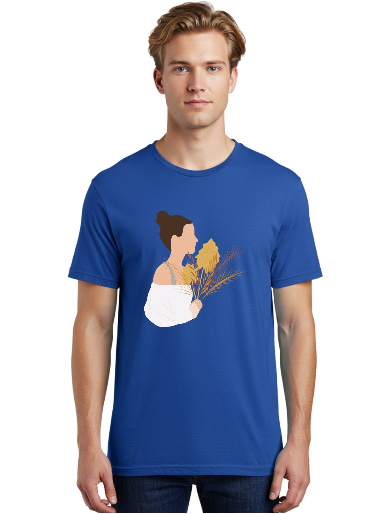 Woman-With-Leaves-1 Men'S Graphic Tee, 100% Cotton, Comfortable Casual Summer Wear, Machine Washable, Woman With Brown Hair Bun, White Shirt, Holding Plants, Golden Leaves, Green Stems, Relaxed Atmosphere, Natural Beauty, Bohemian Style, Aae076 27