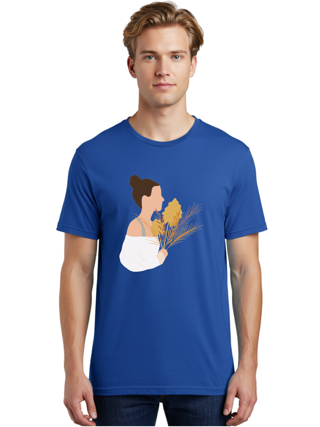 Woman-With-Leaves-1 Men'S Graphic Tee, 100% Cotton, Comfortable Casual Summer Wear, Machine Washable, Woman With Brown Hair Bun, White Shirt, Holding Plants, Golden Leaves, Green Stems, Relaxed Atmosphere, Natural Beauty, Bohemian Style, Aae076 8
