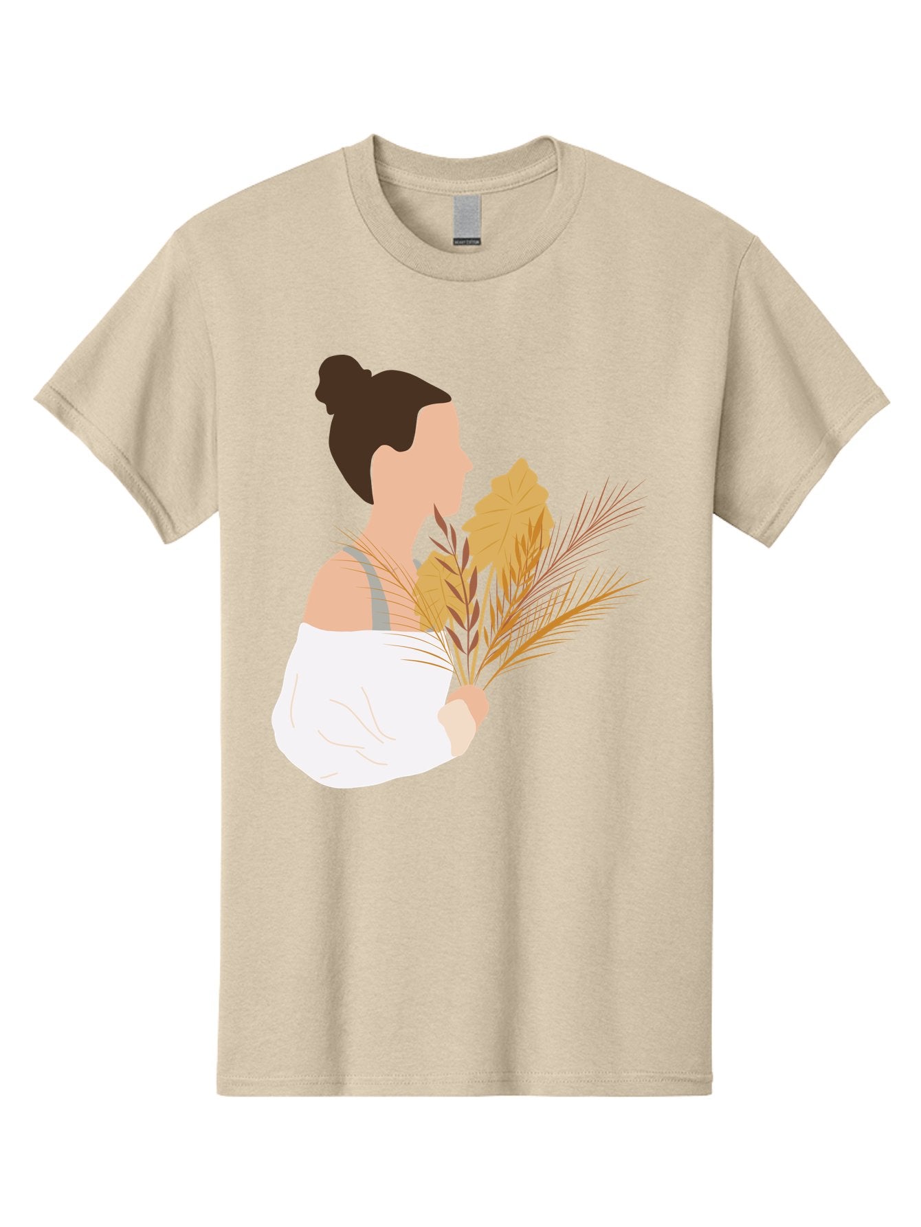Woman-With-Leaves-1 Men'S Graphic Tee, 100% Cotton, Comfortable Casual Summer Wear, Machine Washable, Woman With Brown Hair Bun, White Shirt, Holding Plants, Golden Leaves, Green Stems, Relaxed Atmosphere, Natural Beauty, Bohemian Style, Aae076