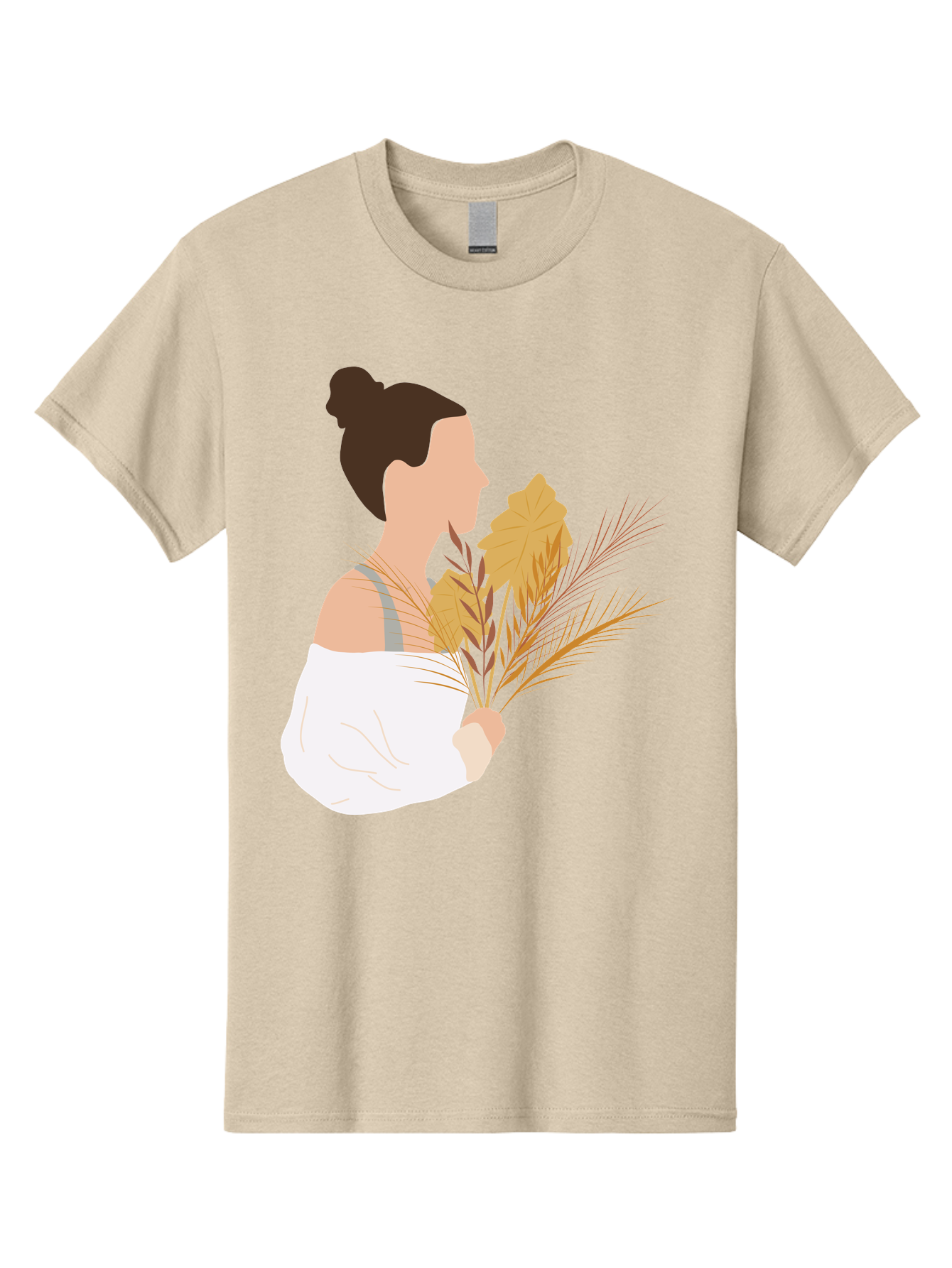 Woman-With-Leaves-1 Men'S Graphic Tee, 100% Cotton, Comfortable Casual Summer Wear, Machine Washable, Woman With Brown Hair Bun, White Shirt, Holding Plants, Golden Leaves, Green Stems, Relaxed Atmosphere, Natural Beauty, Bohemian Style, Aae076 21