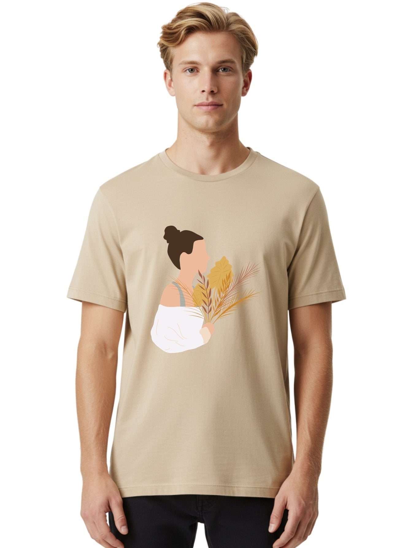 Woman-With-Leaves-1 Men'S Graphic Tee, 100% Cotton, Comfortable Casual Summer Wear, Machine Washable, Woman With Brown Hair Bun, White Shirt, Holding Plants, Golden Leaves, Green Stems, Relaxed Atmosphere, Natural Beauty, Bohemian Style, Aae076 19
