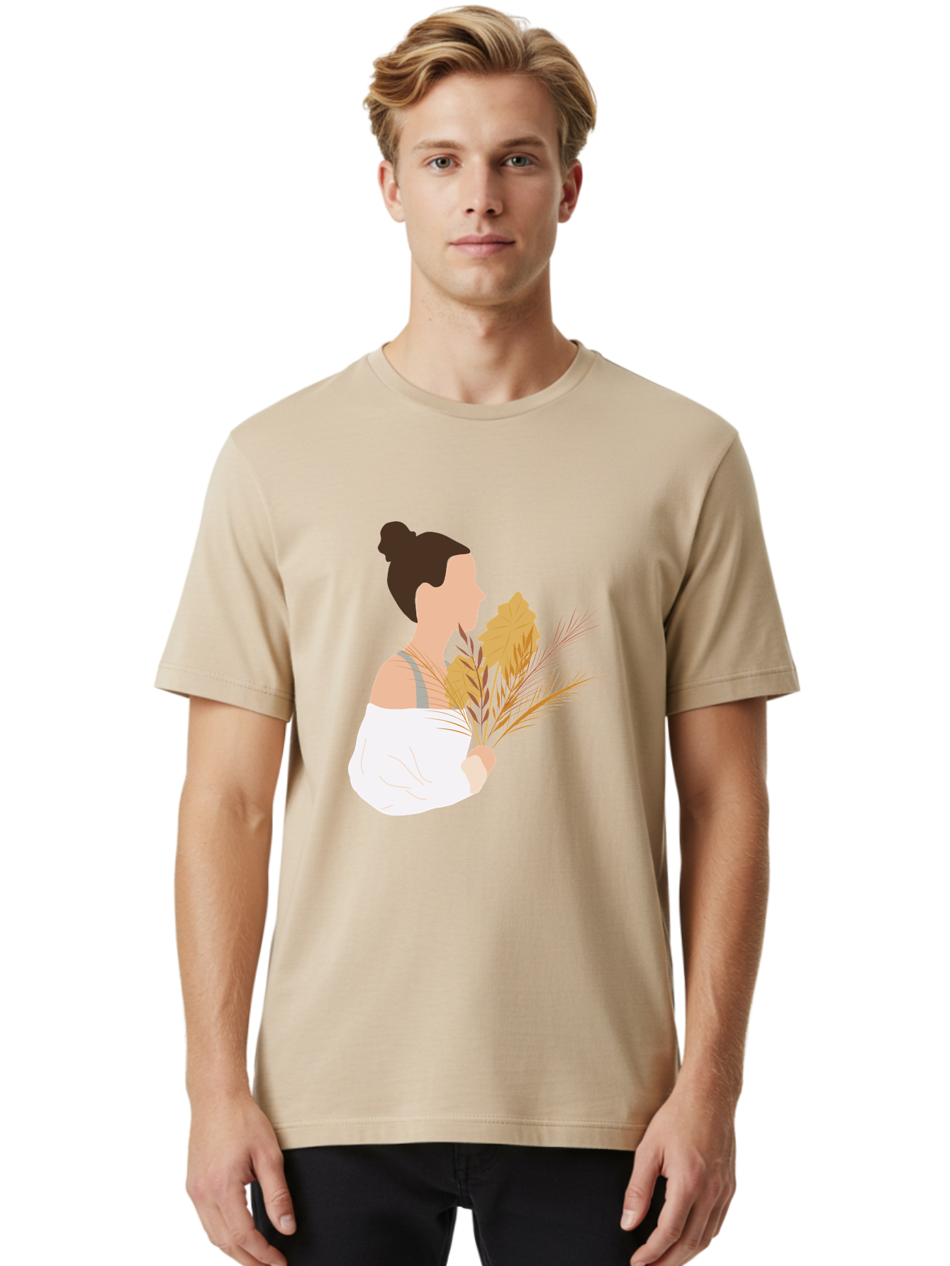 Woman-With-Leaves-1 Men'S Graphic Tee, 100% Cotton, Comfortable Casual Summer Wear, Machine Washable, Woman With Brown Hair Bun, White Shirt, Holding Plants, Golden Leaves, Green Stems, Relaxed Atmosphere, Natural Beauty, Bohemian Style, Aae076 22