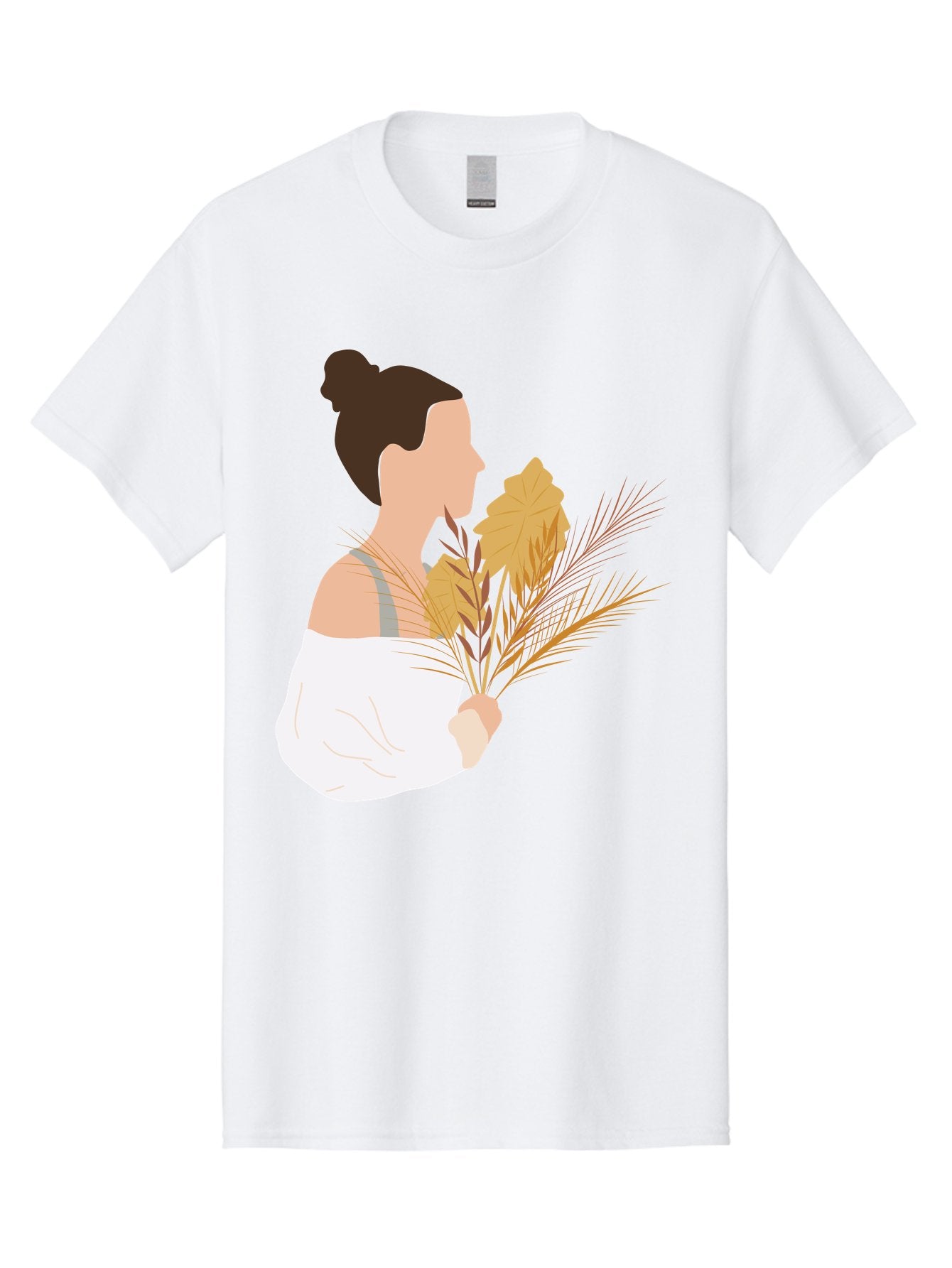 Woman-With-Leaves-1 Men'S Graphic Tee, 100% Cotton, Comfortable Casual Summer Wear, Machine Washable, Woman With Brown Hair Bun, White Shirt, Holding Plants, Golden Leaves, Green Stems, Relaxed Atmosphere, Natural Beauty, Bohemian Style, Aae076 14