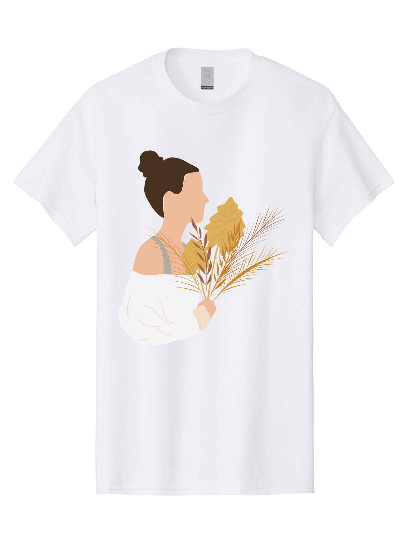 Woman-With-Leaves-1 Men'S Graphic Tee, 100% Cotton, Comfortable Casual Summer Wear, Machine Washable, Woman With Brown Hair Bun, White Shirt, Holding Plants, Golden Leaves, Green Stems, Relaxed Atmosphere, Natural Beauty, Bohemian Style, Aae076 3