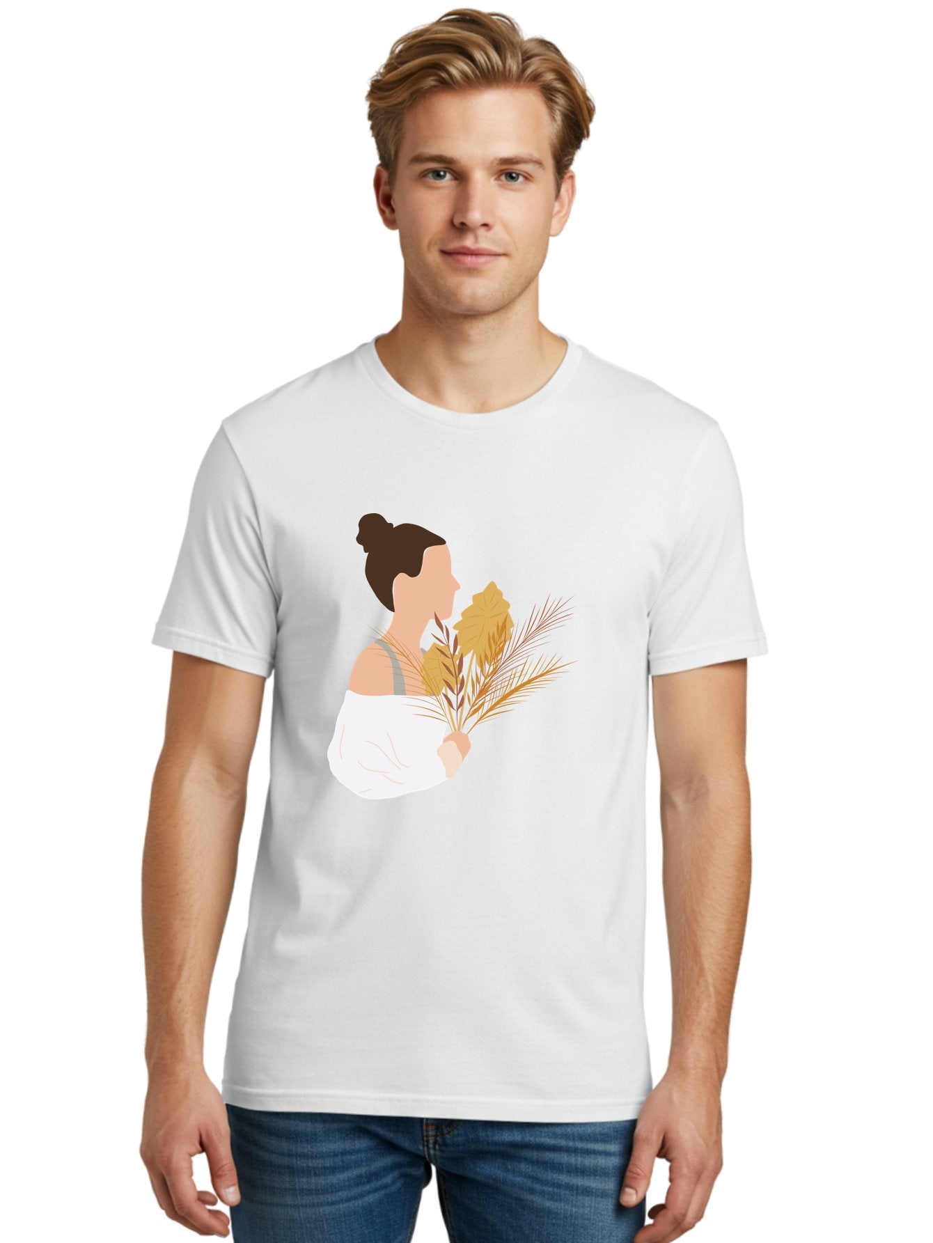Woman-With-Leaves-1 Men'S Graphic Tee, 100% Cotton, Comfortable Casual Summer Wear, Machine Washable, Woman With Brown Hair Bun, White Shirt, Holding Plants, Golden Leaves, Green Stems, Relaxed Atmosphere, Natural Beauty, Bohemian Style, Aae076 29